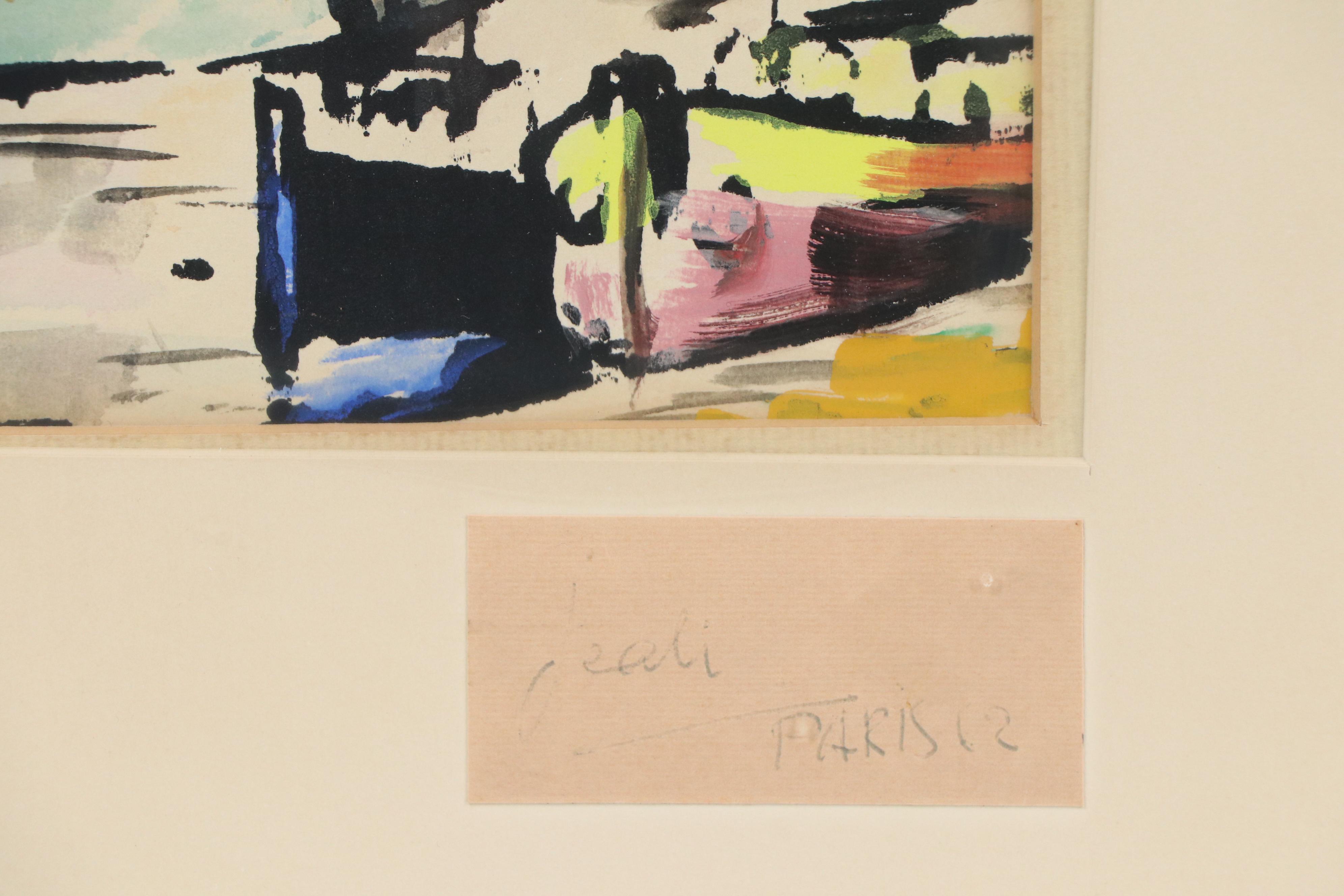 Modern Style Watercolor Painting of Parisian Boat Scene, 1962