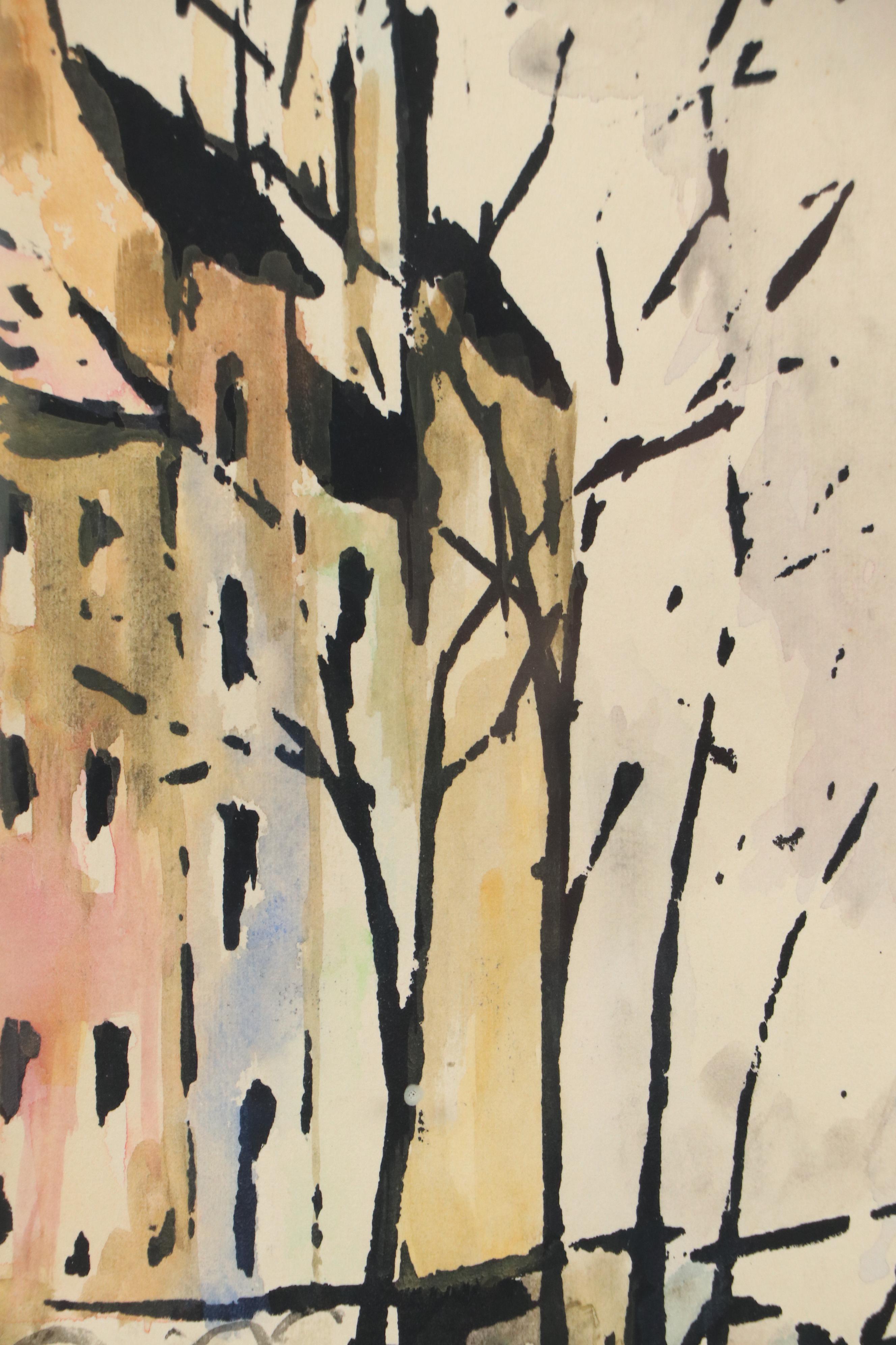 Modern Style Watercolor Painting of Parisian Boat Scene, 1962