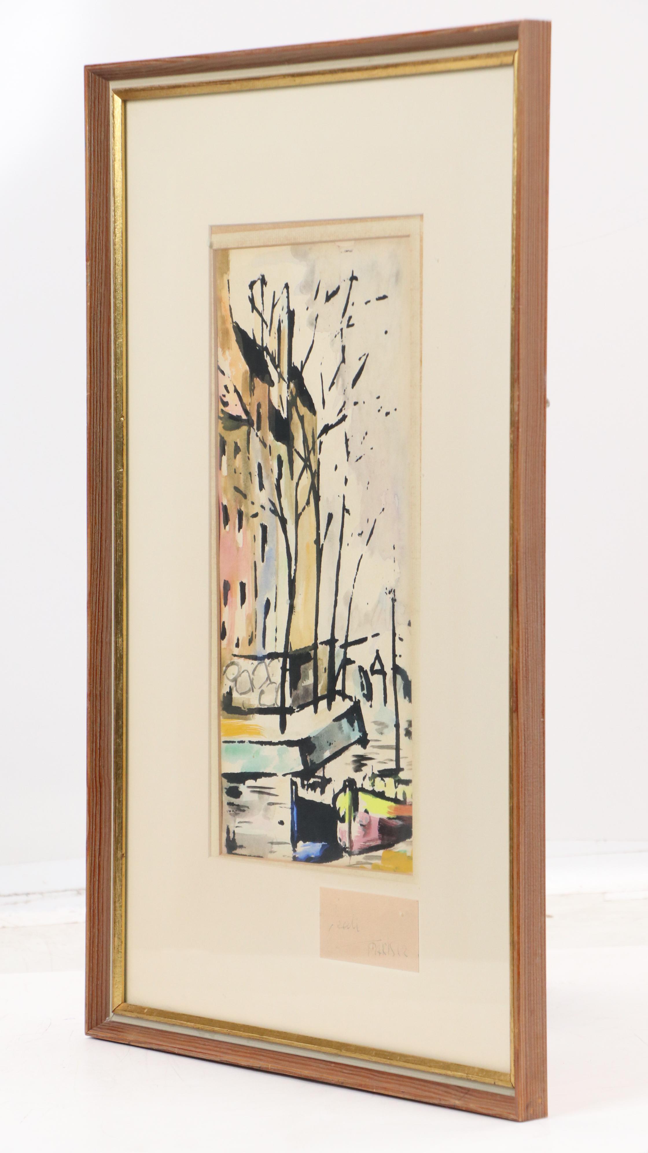 Modern Style Watercolor Painting of Parisian Boat Scene, 1962