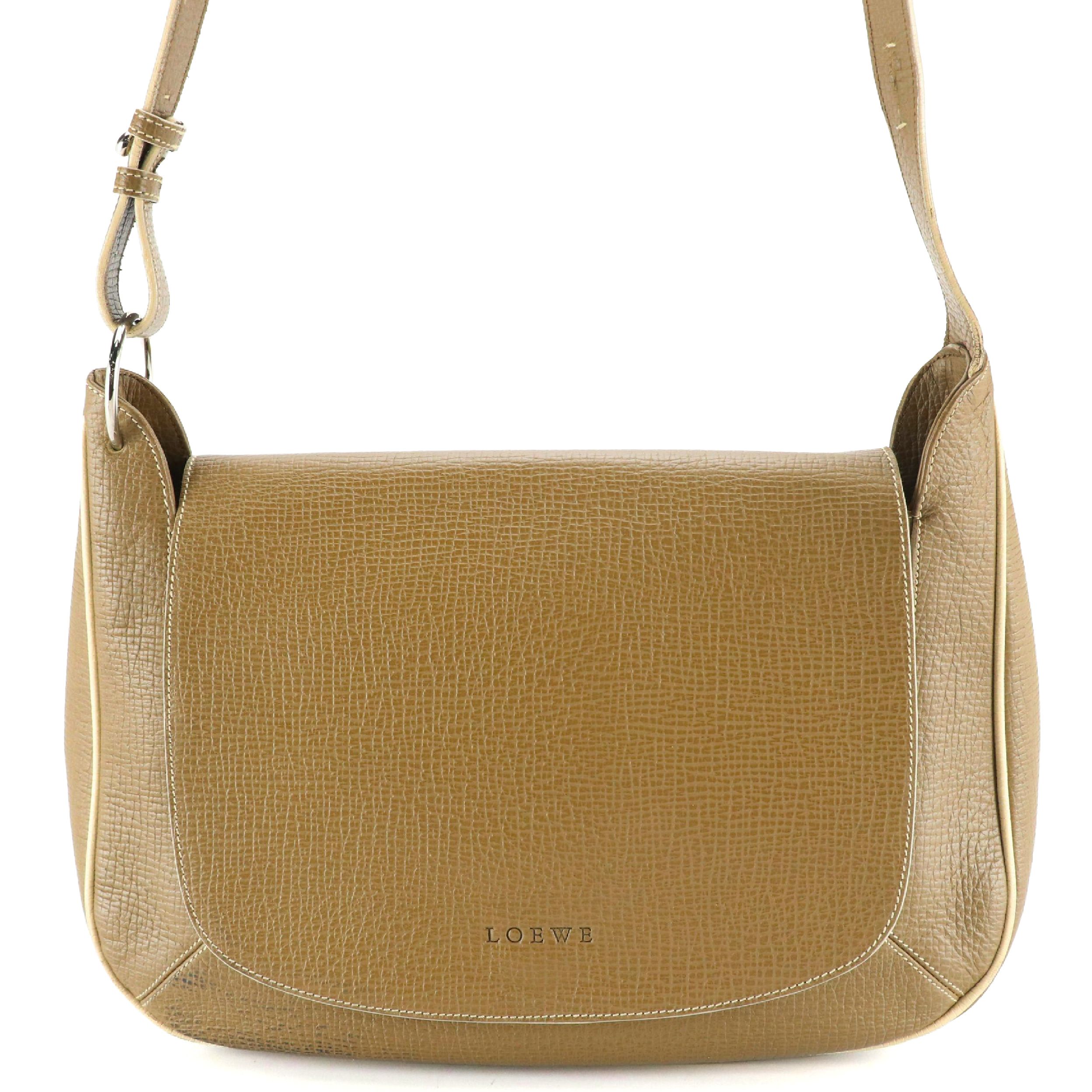 Loewe Flap Front Crossbody Bag in Khaki Textured Leather