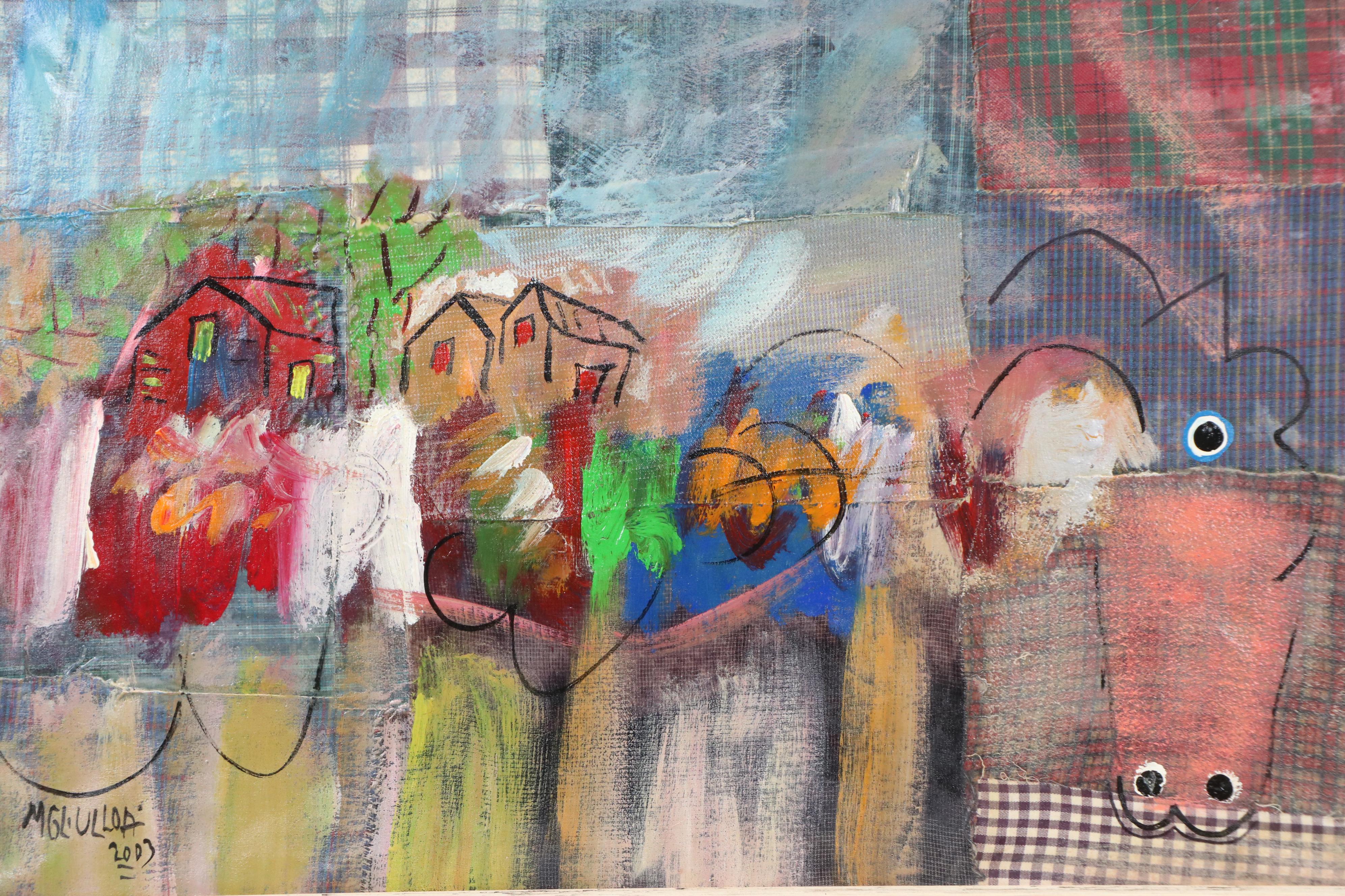 Miguel Ulloa Abstract Mixed Media Painting with Houses, 2003