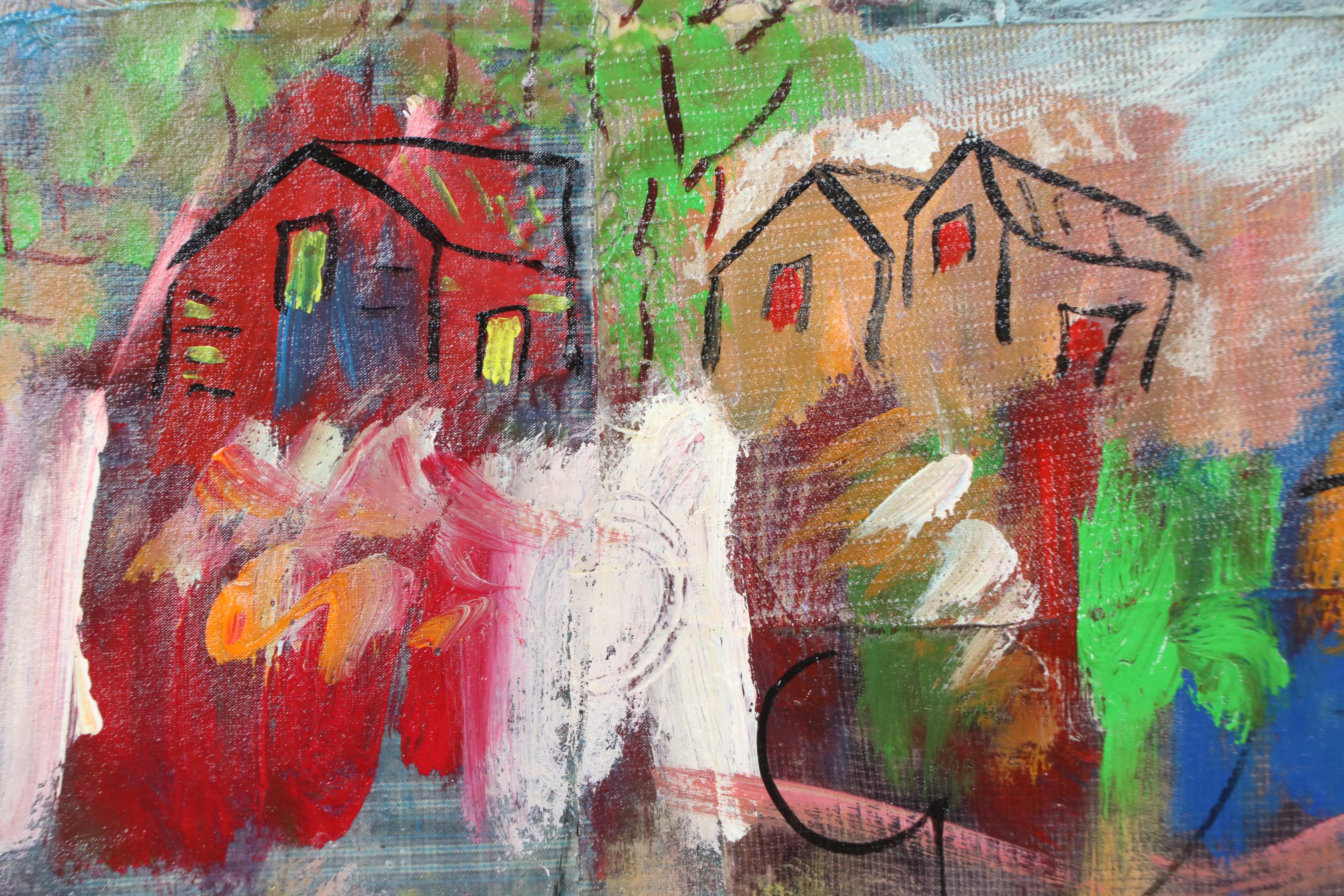 Miguel Ulloa Abstract Mixed Media Painting with Houses, 2003