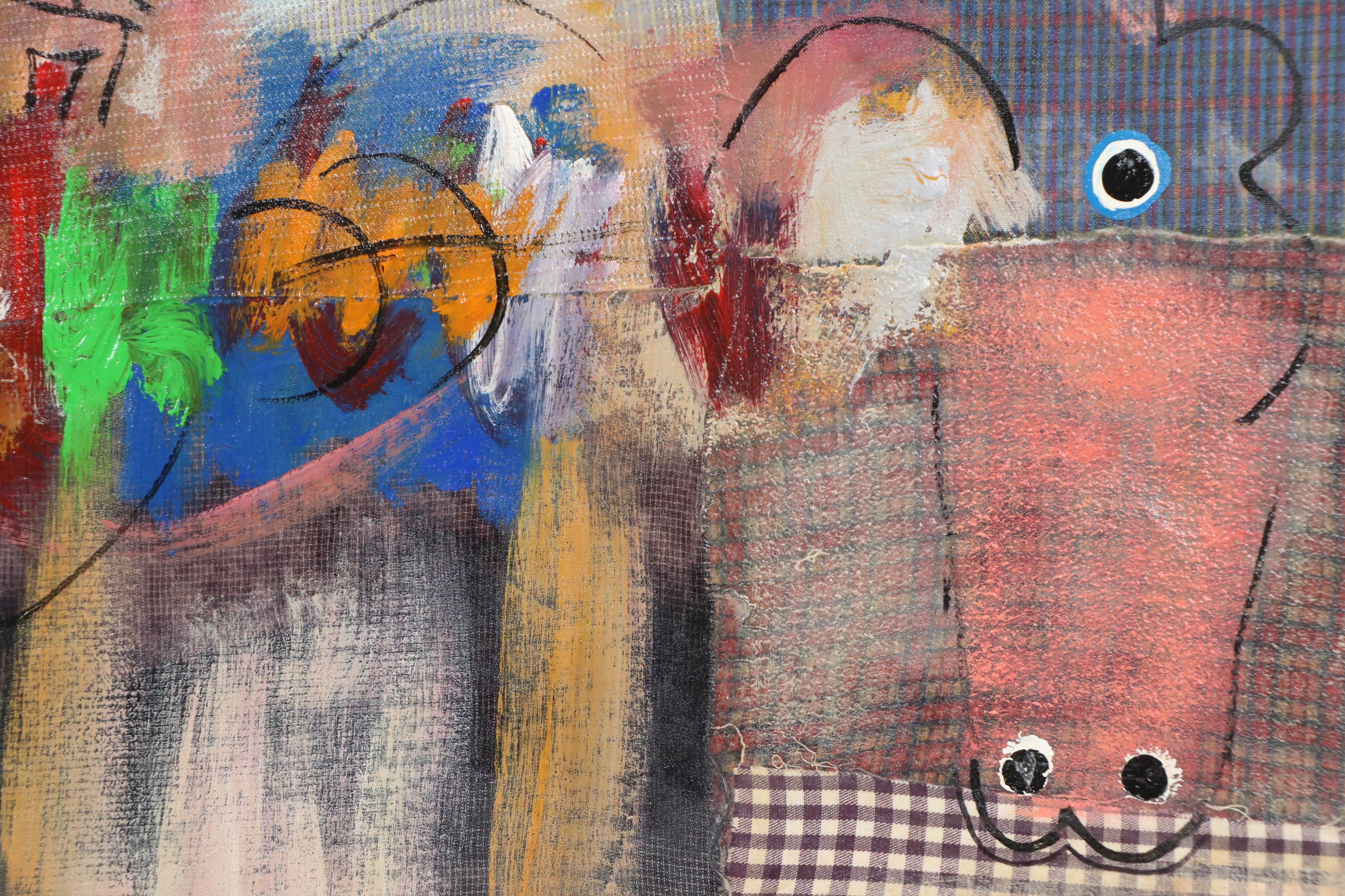 Miguel Ulloa Abstract Mixed Media Painting with Houses, 2003