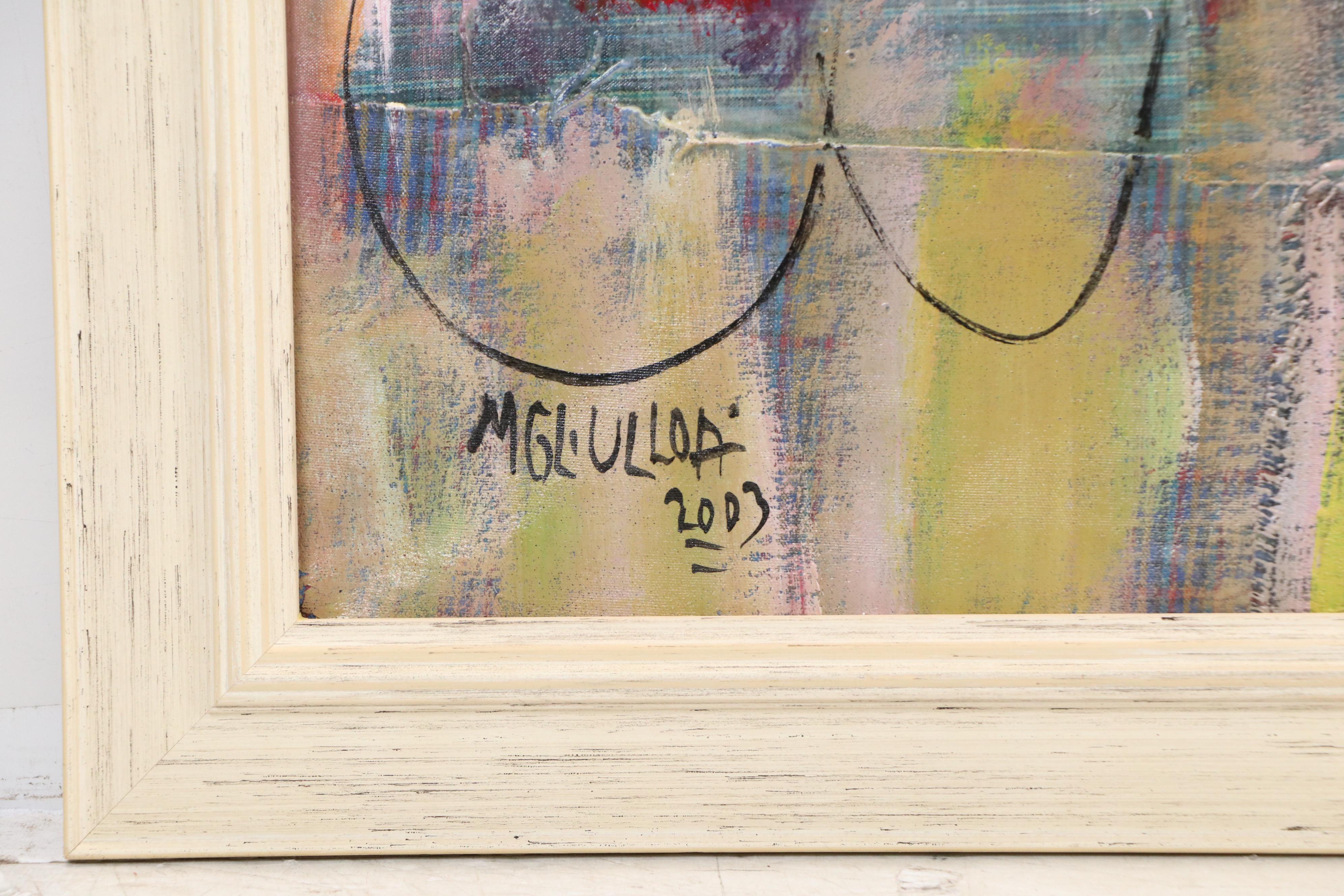 Miguel Ulloa Abstract Mixed Media Painting with Houses, 2003