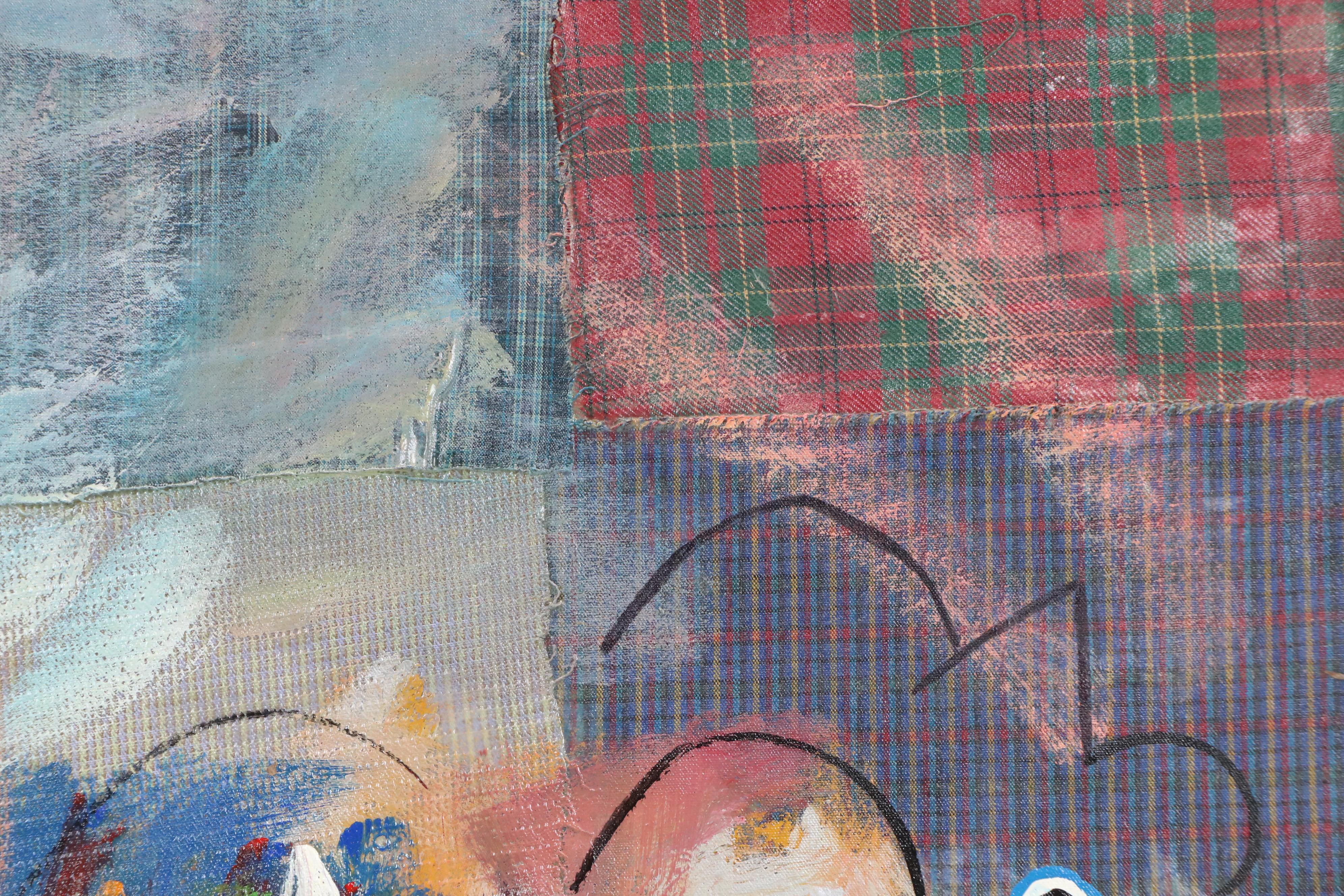 Miguel Ulloa Abstract Mixed Media Painting with Houses, 2003