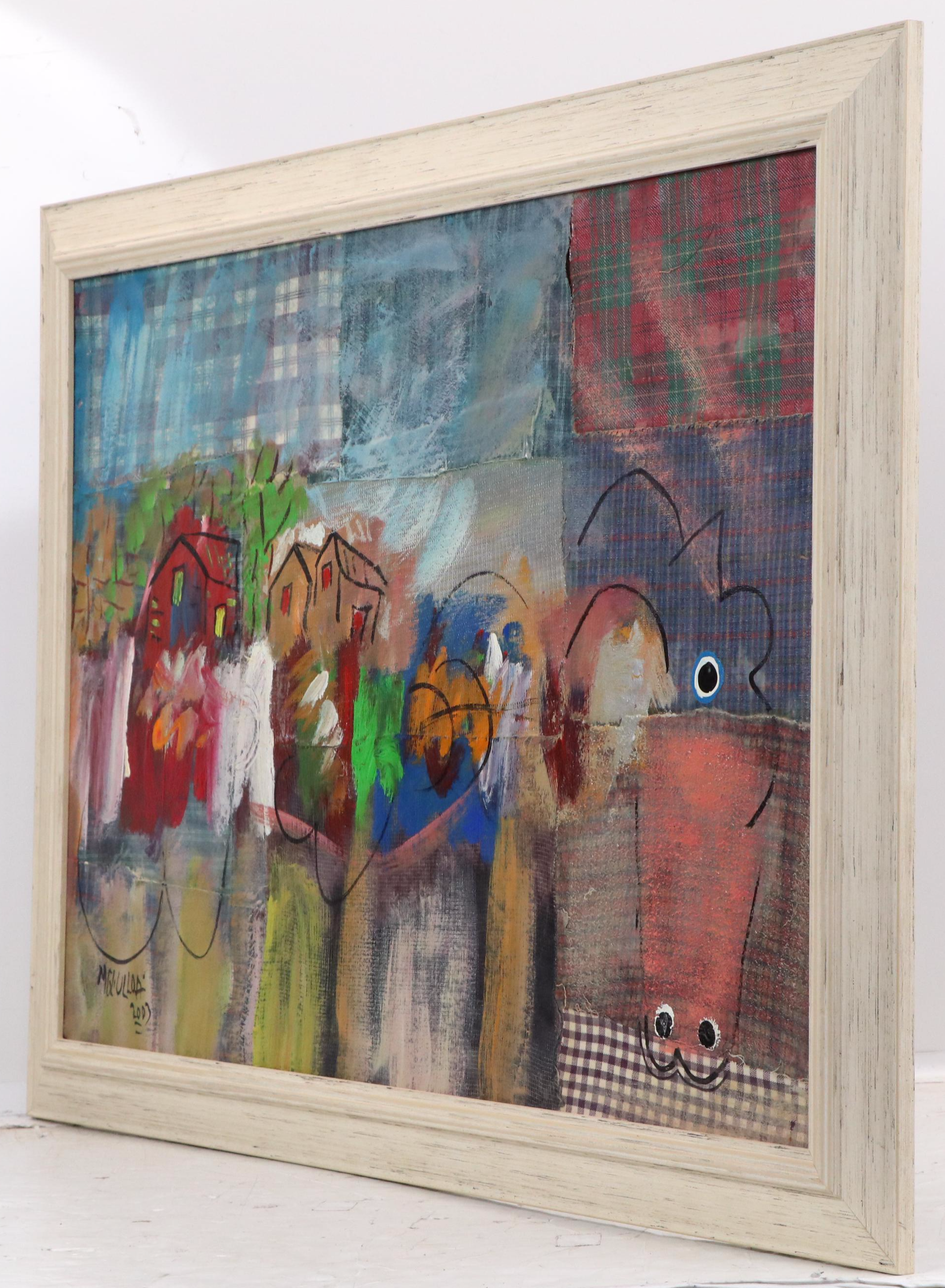 Miguel Ulloa Abstract Mixed Media Painting with Houses, 2003