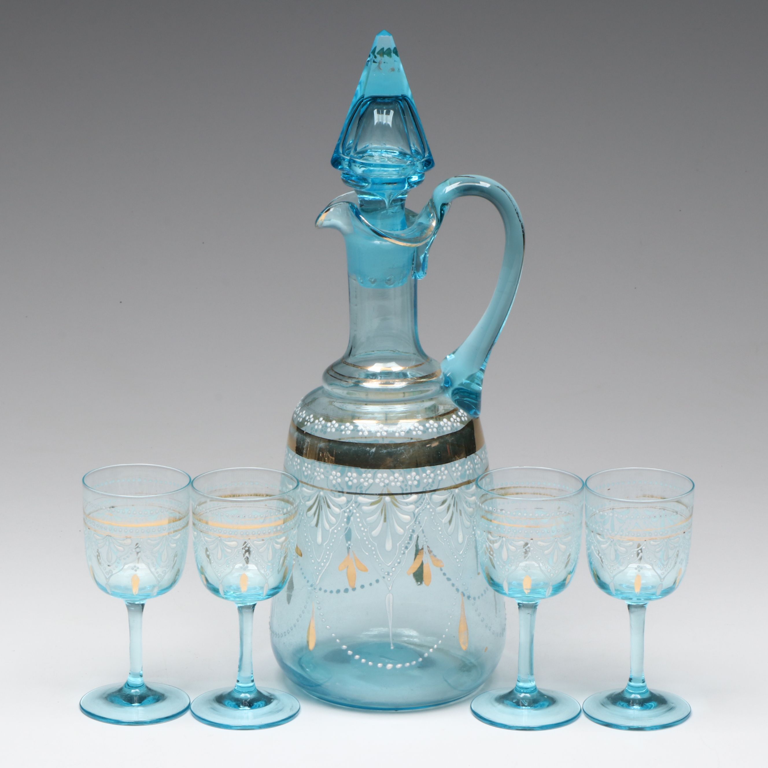 Bohemian Style Blue Glass Hand-Painted Decanter and Cordial Glasses