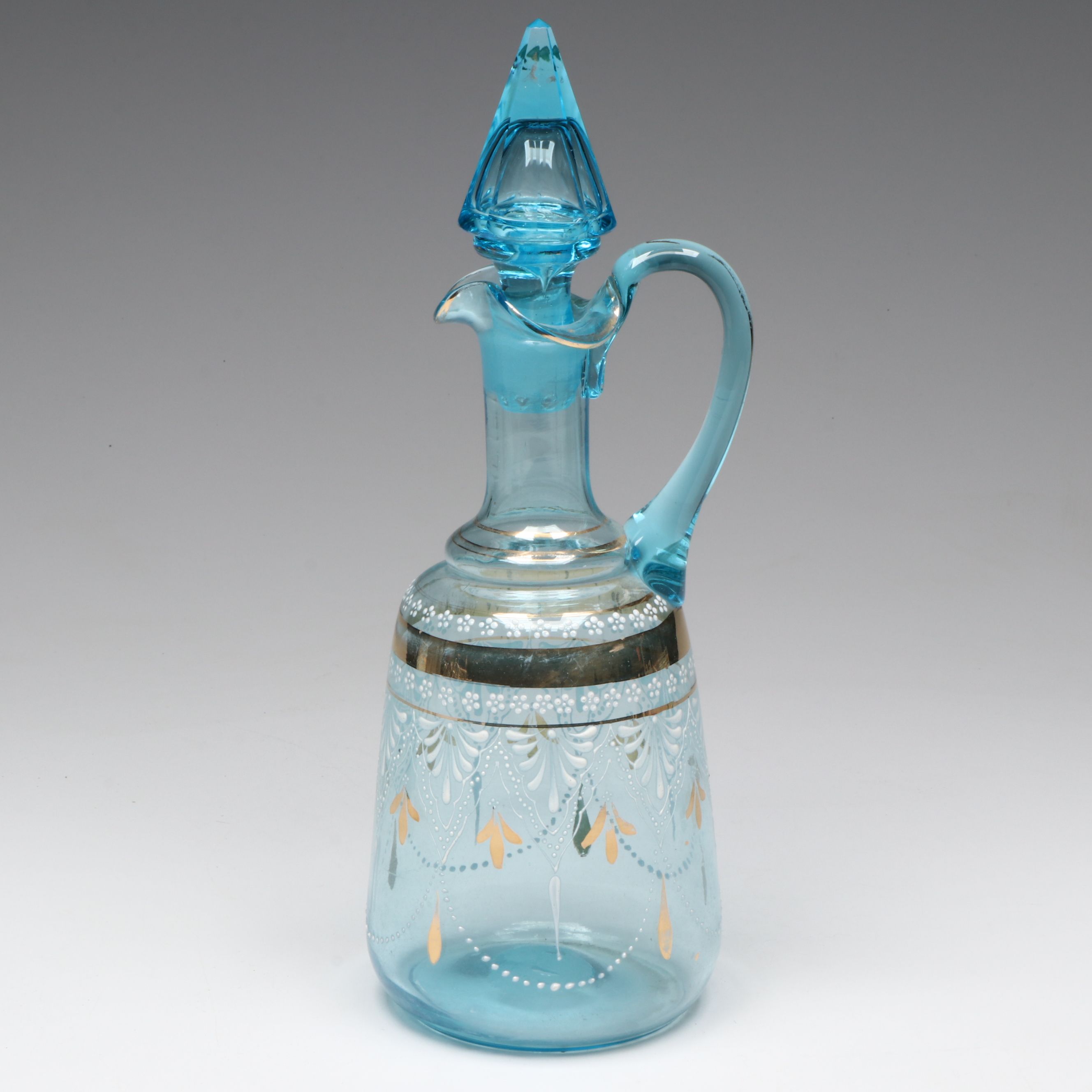 Bohemian Style Blue Glass Hand-Painted Decanter and Cordial Glasses