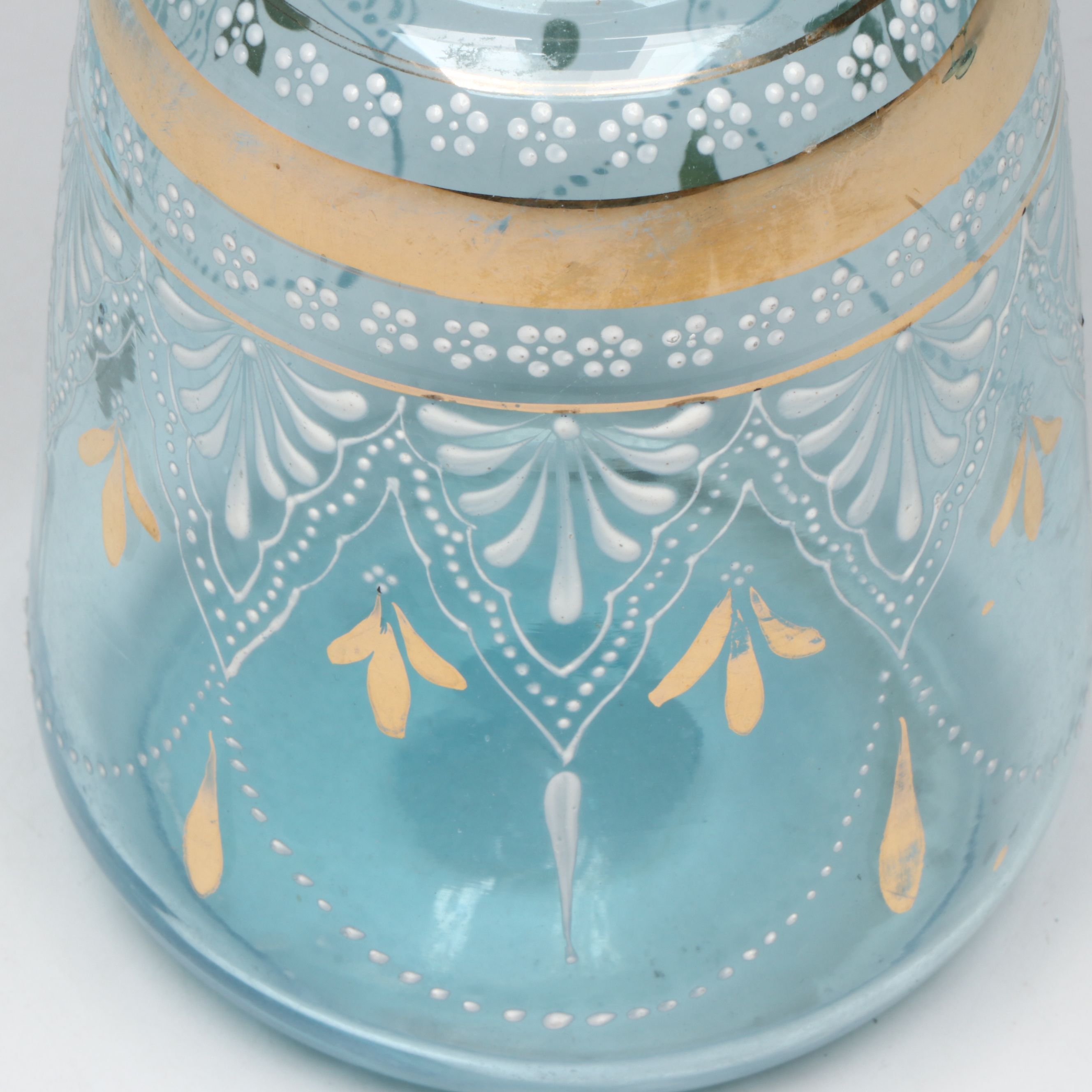 Bohemian Style Blue Glass Hand-Painted Decanter and Cordial Glasses