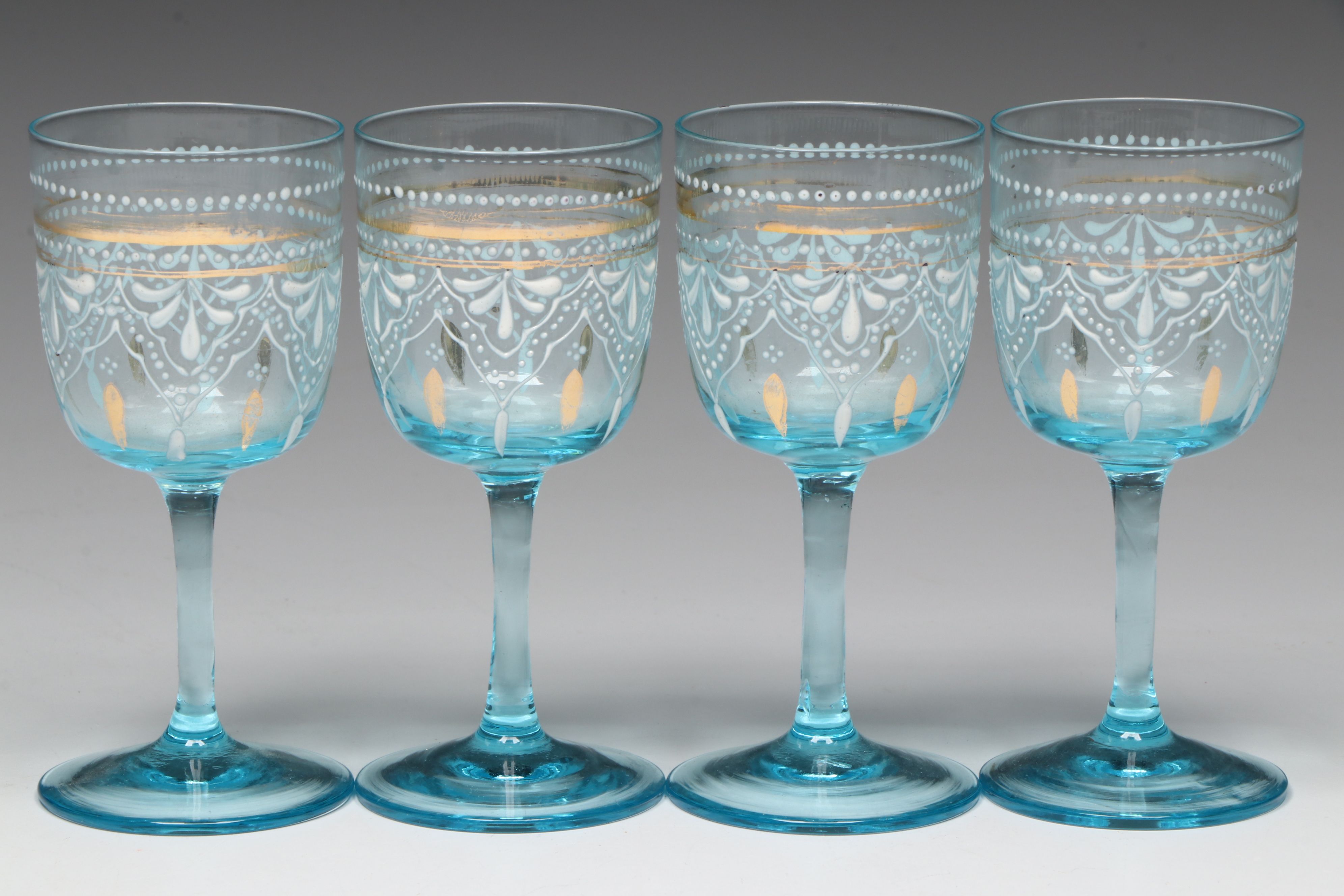 Bohemian Style Blue Glass Hand-Painted Decanter and Cordial Glasses