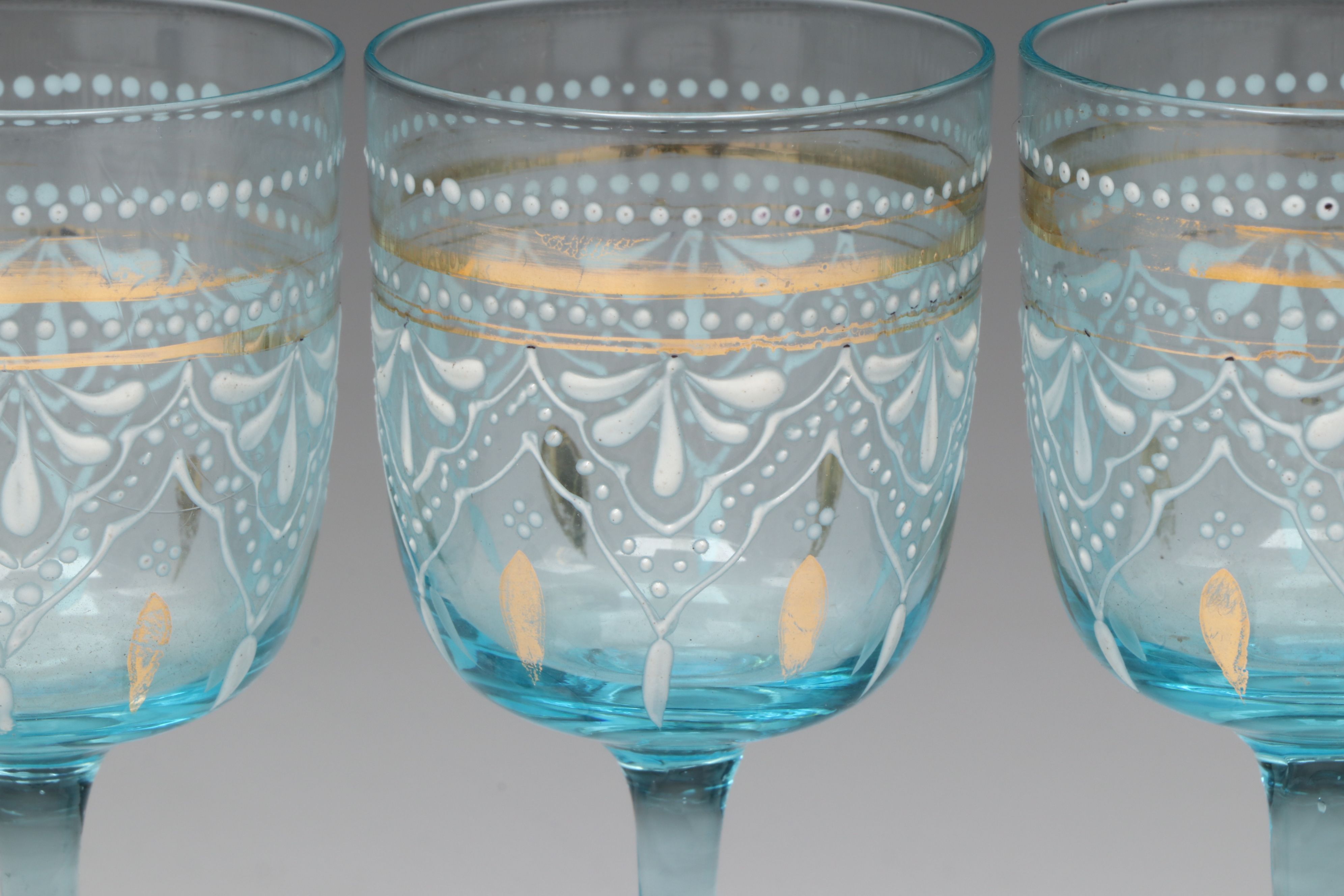 Bohemian Style Blue Glass Hand-Painted Decanter and Cordial Glasses