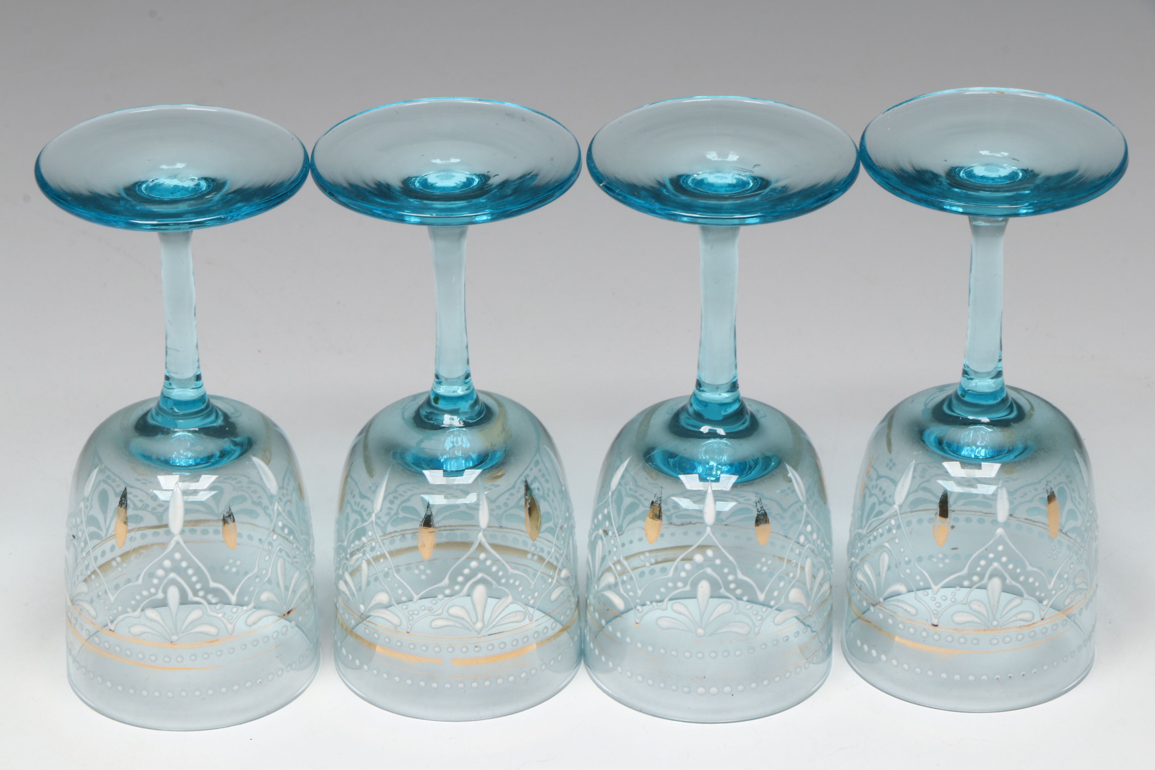 Bohemian Style Blue Glass Hand-Painted Decanter and Cordial Glasses