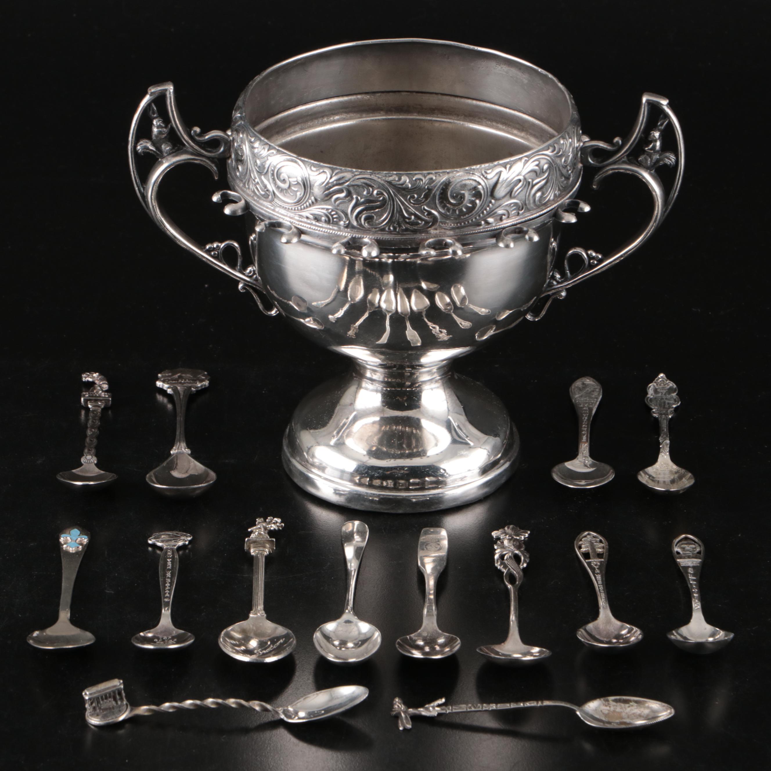 Silver Plate Sugar Spooner with Sterling and Plate Souvenir Spoons