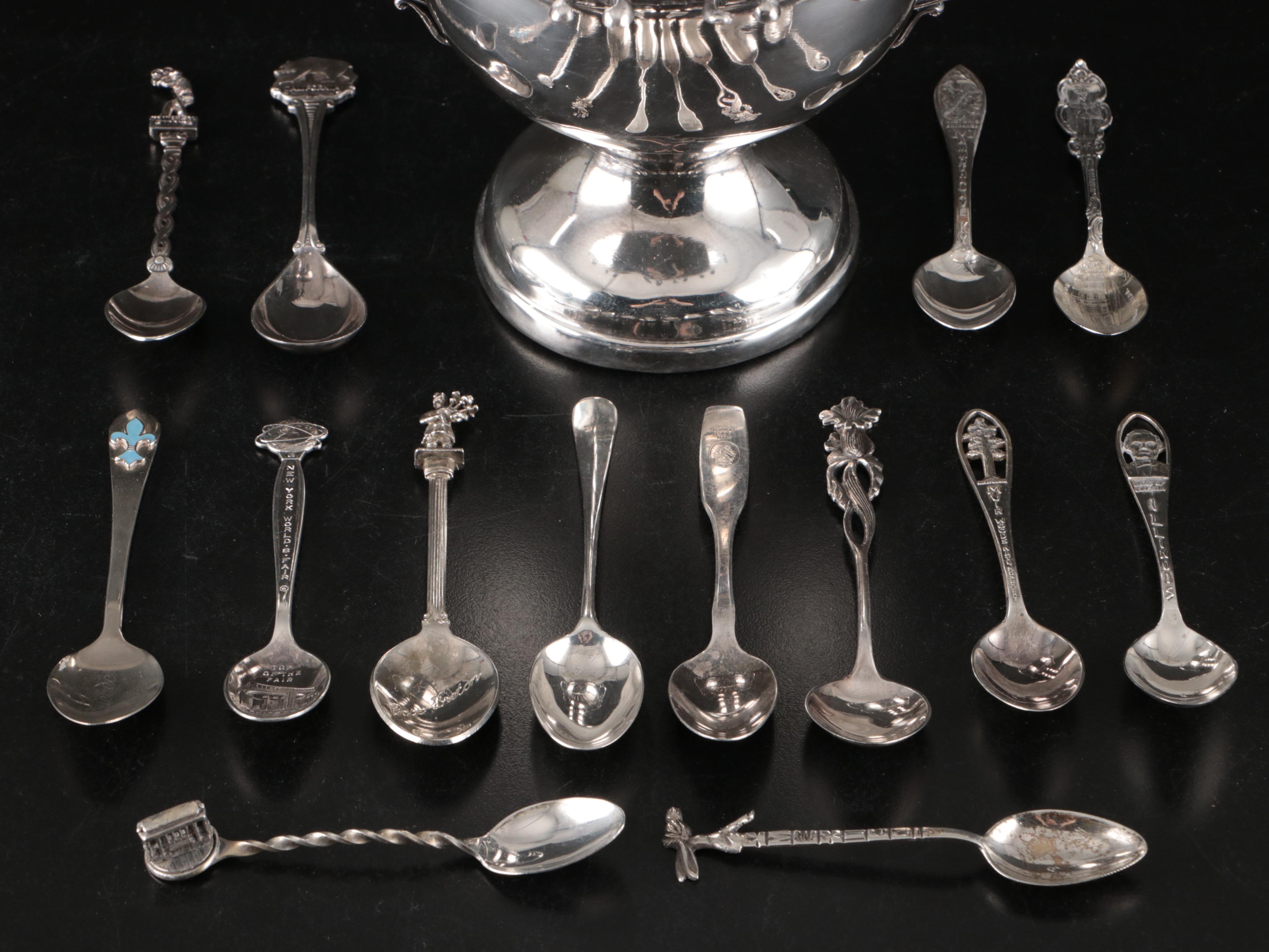 Silver Plate Sugar Spooner with Sterling and Plate Souvenir Spoons
