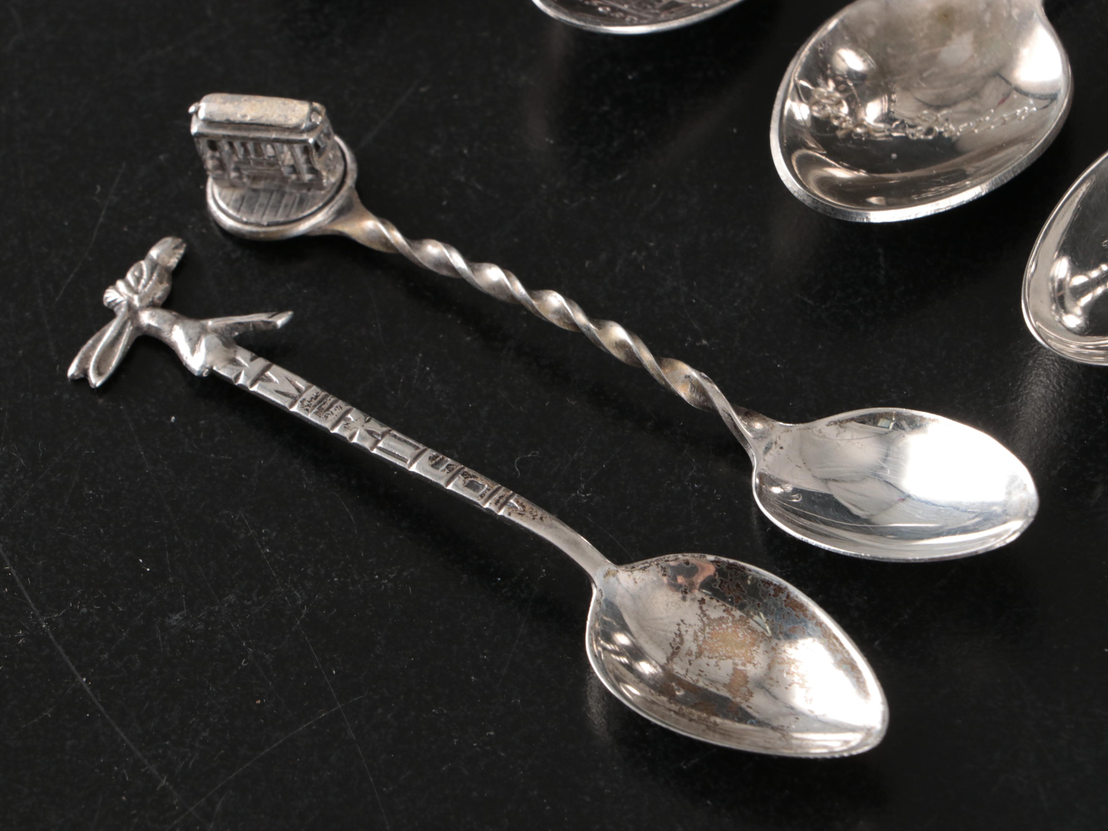 Silver Plate Sugar Spooner with Sterling and Plate Souvenir Spoons