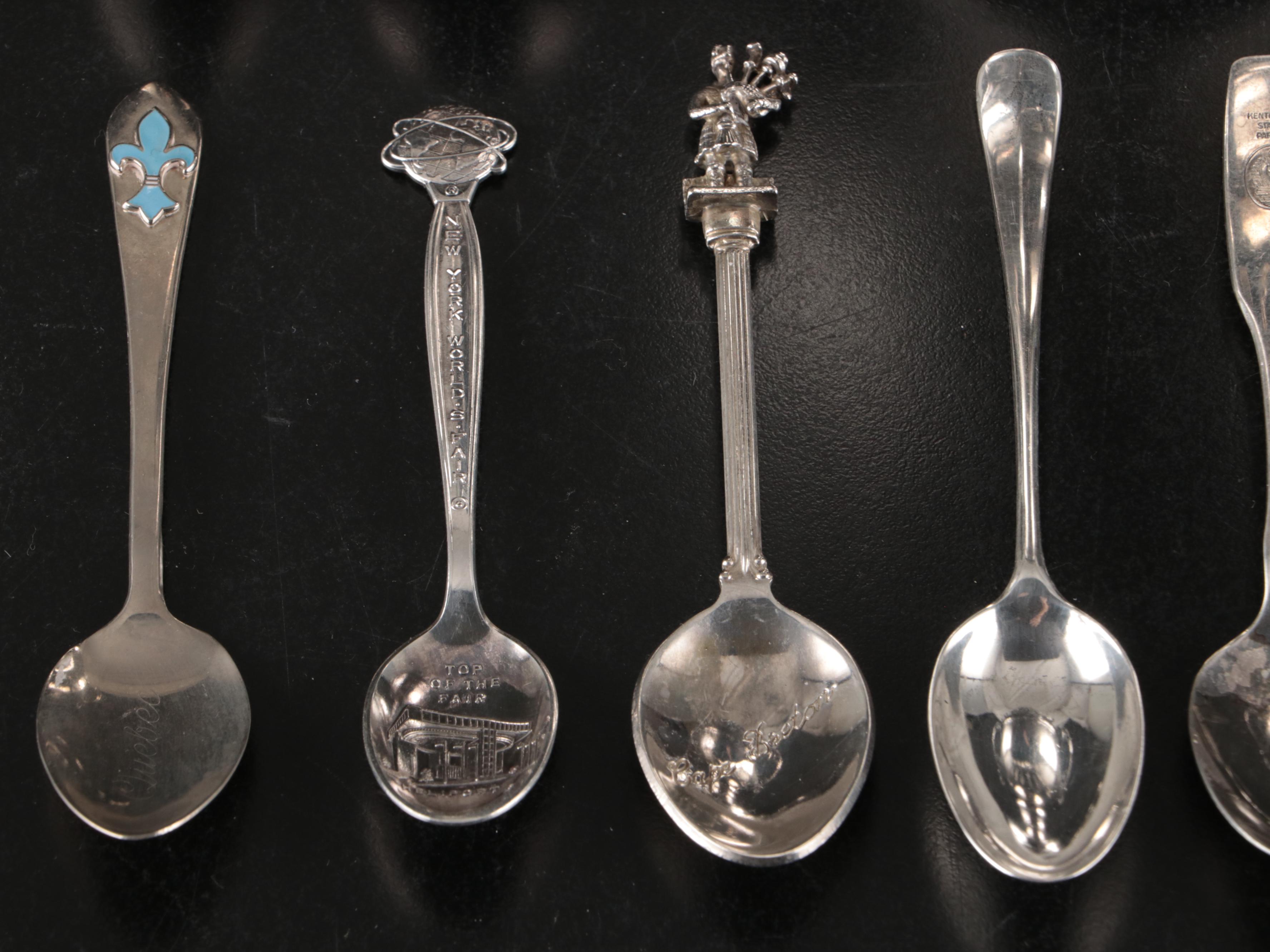 Silver Plate Sugar Spooner with Sterling and Plate Souvenir Spoons