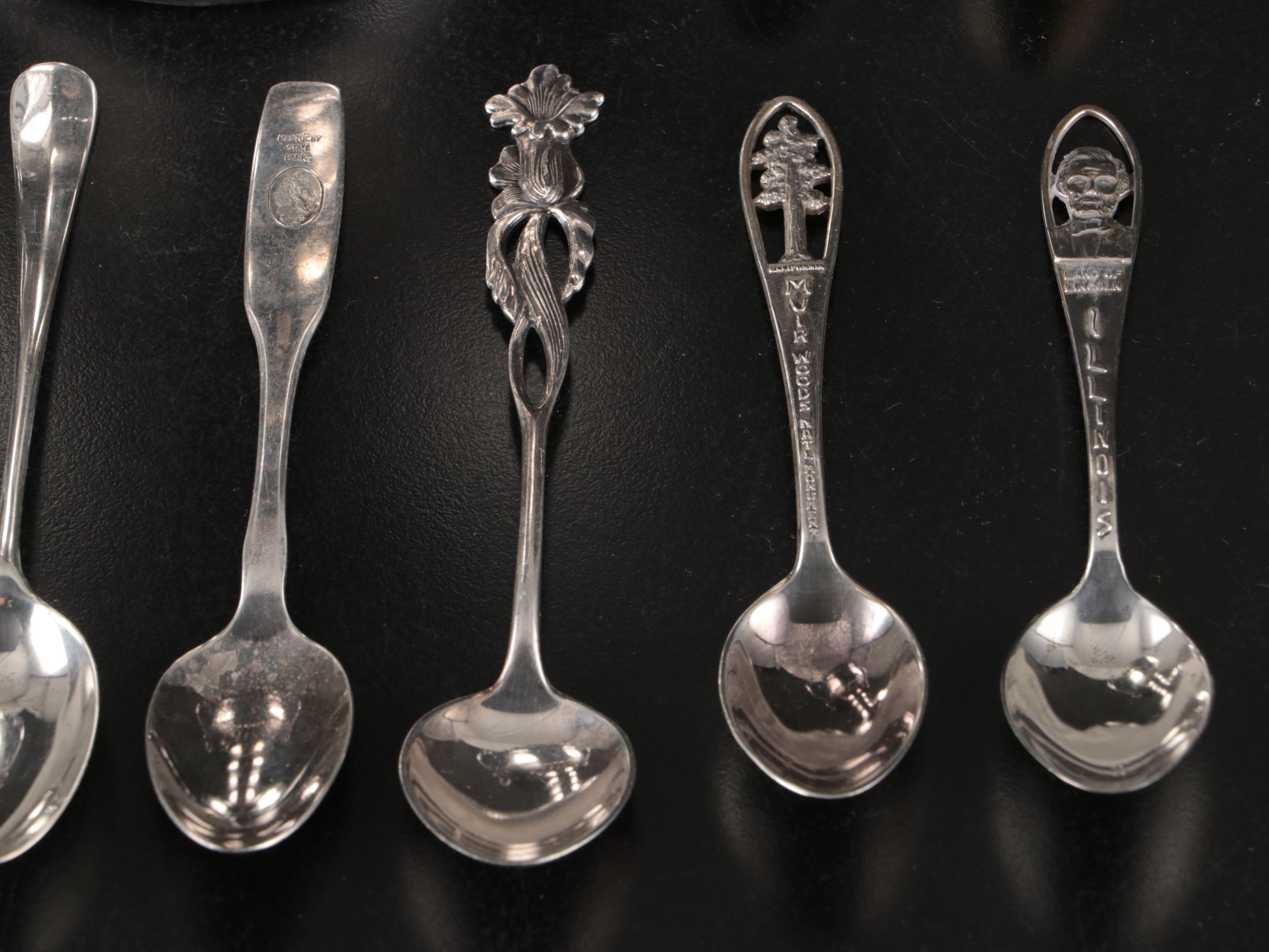 Silver Plate Sugar Spooner with Sterling and Plate Souvenir Spoons