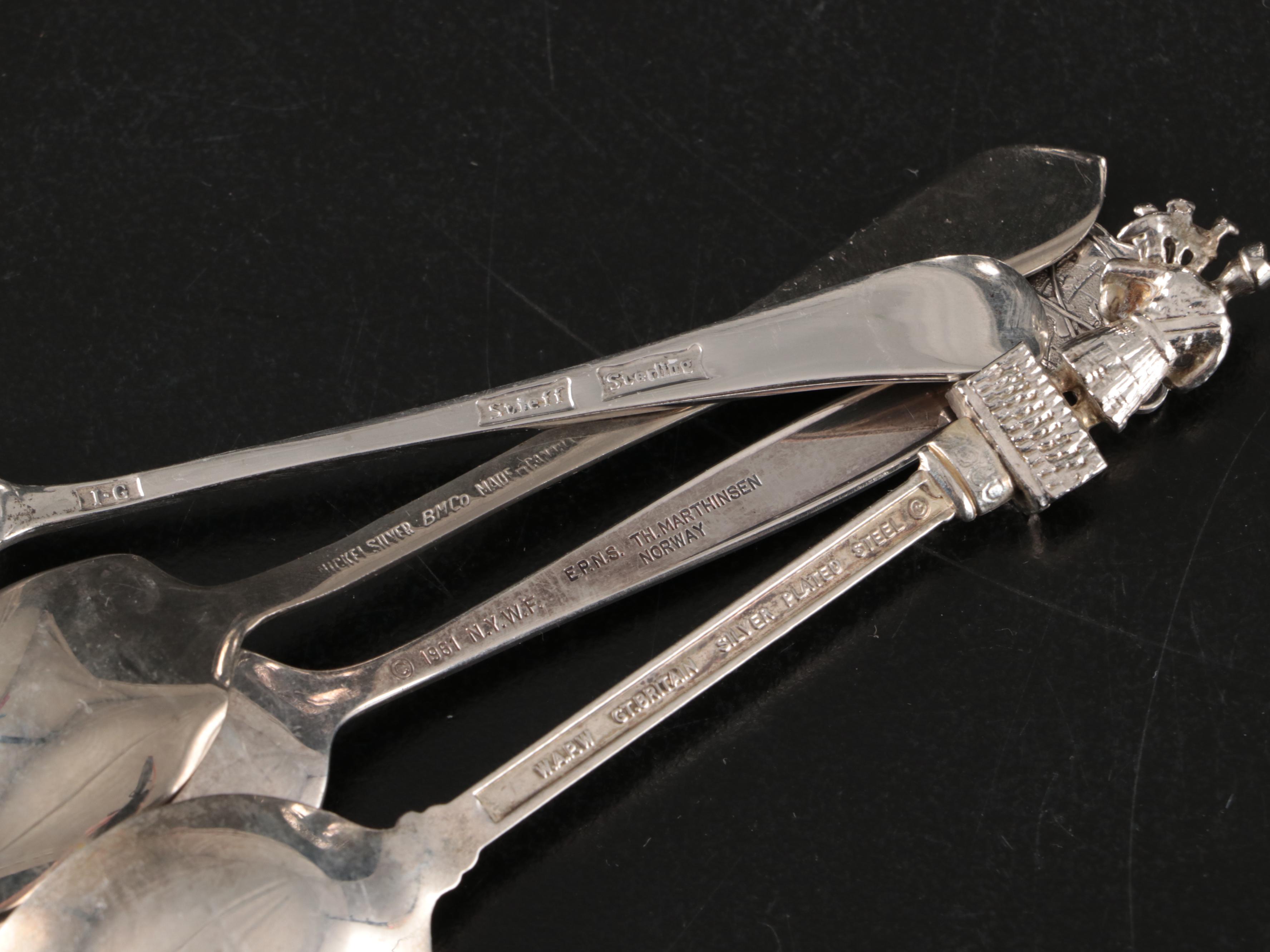 Silver Plate Sugar Spooner with Sterling and Plate Souvenir Spoons