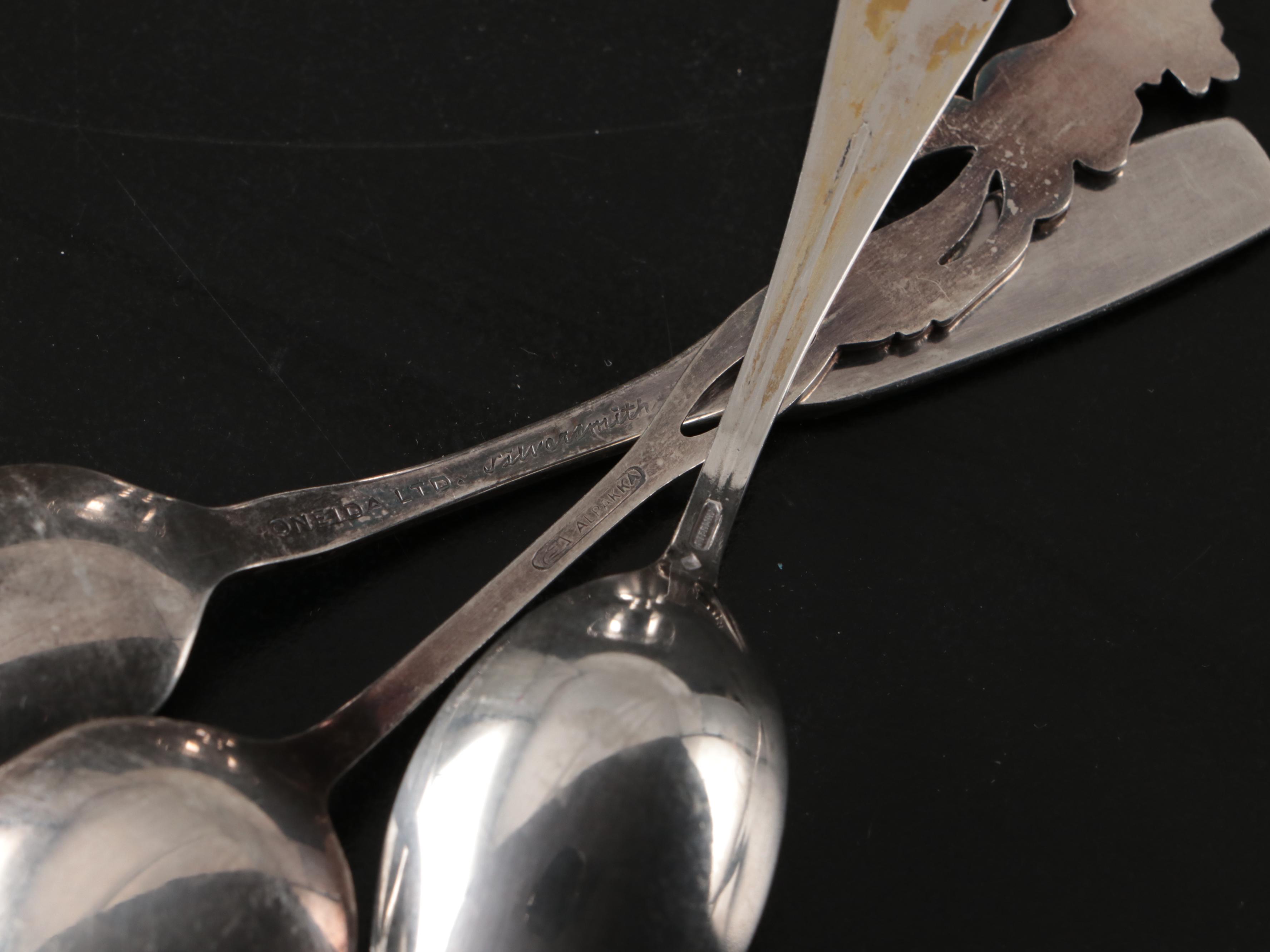 Silver Plate Sugar Spooner with Sterling and Plate Souvenir Spoons