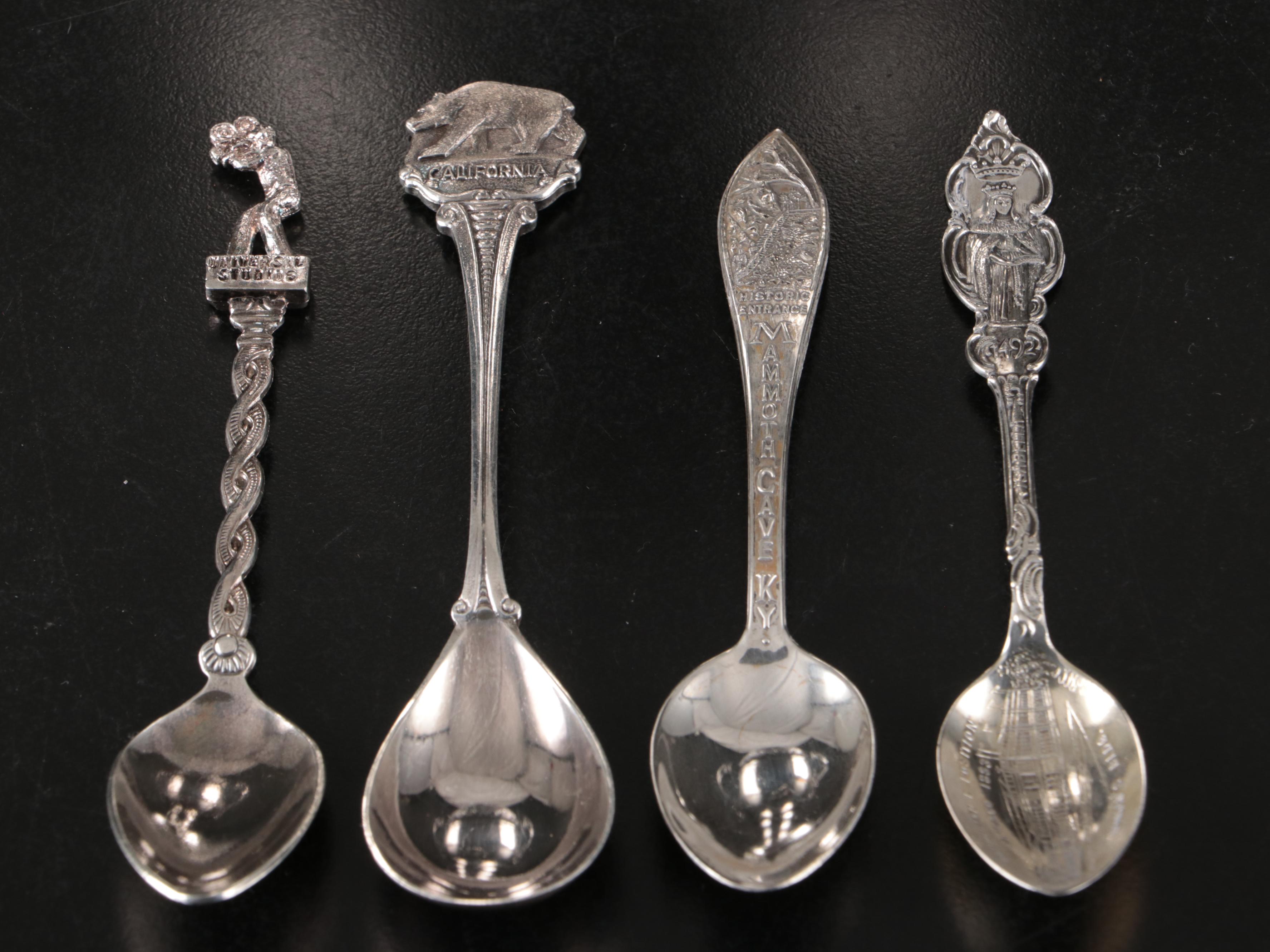 Silver Plate Sugar Spooner with Sterling and Plate Souvenir Spoons