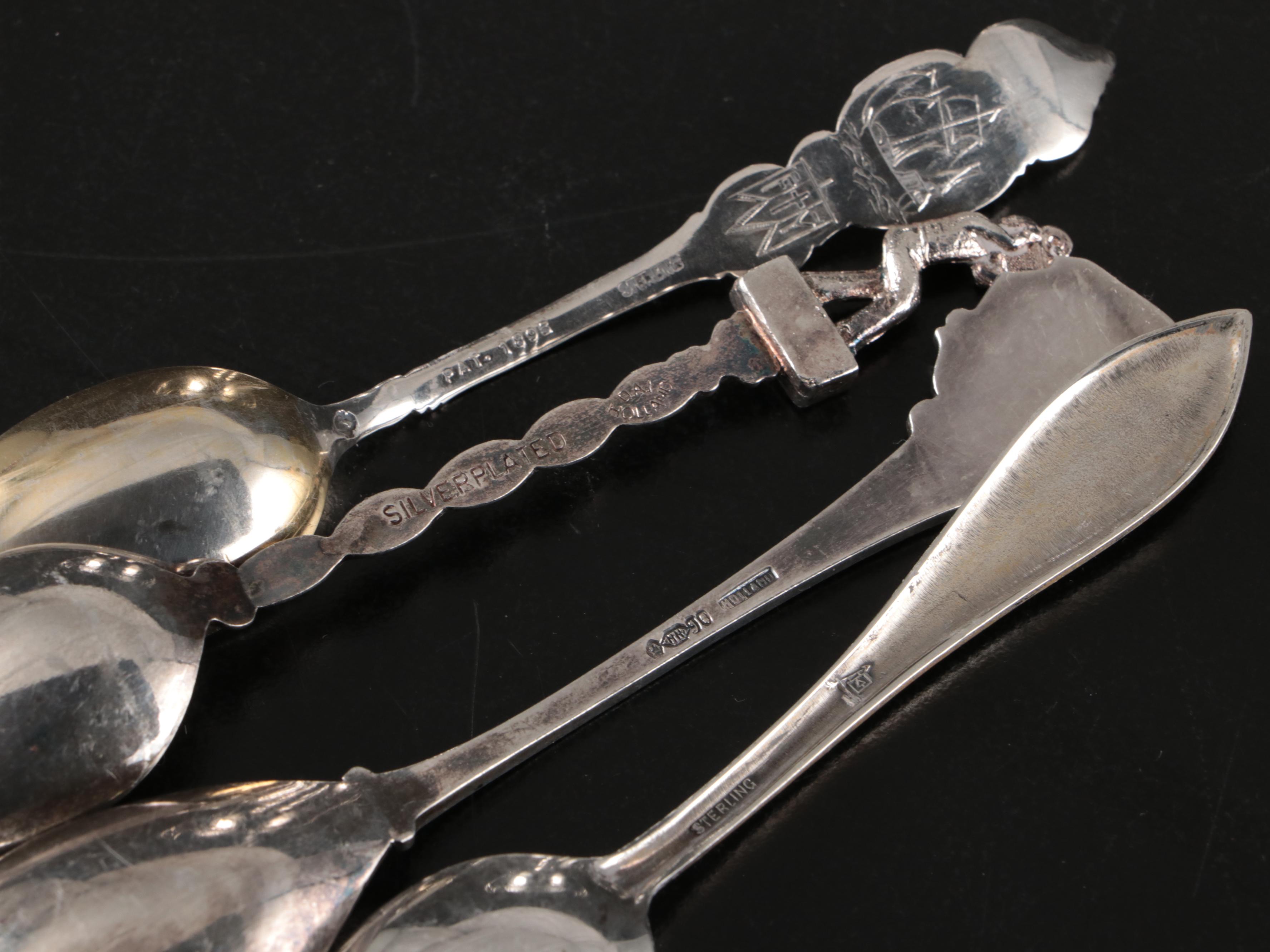 Silver Plate Sugar Spooner with Sterling and Plate Souvenir Spoons