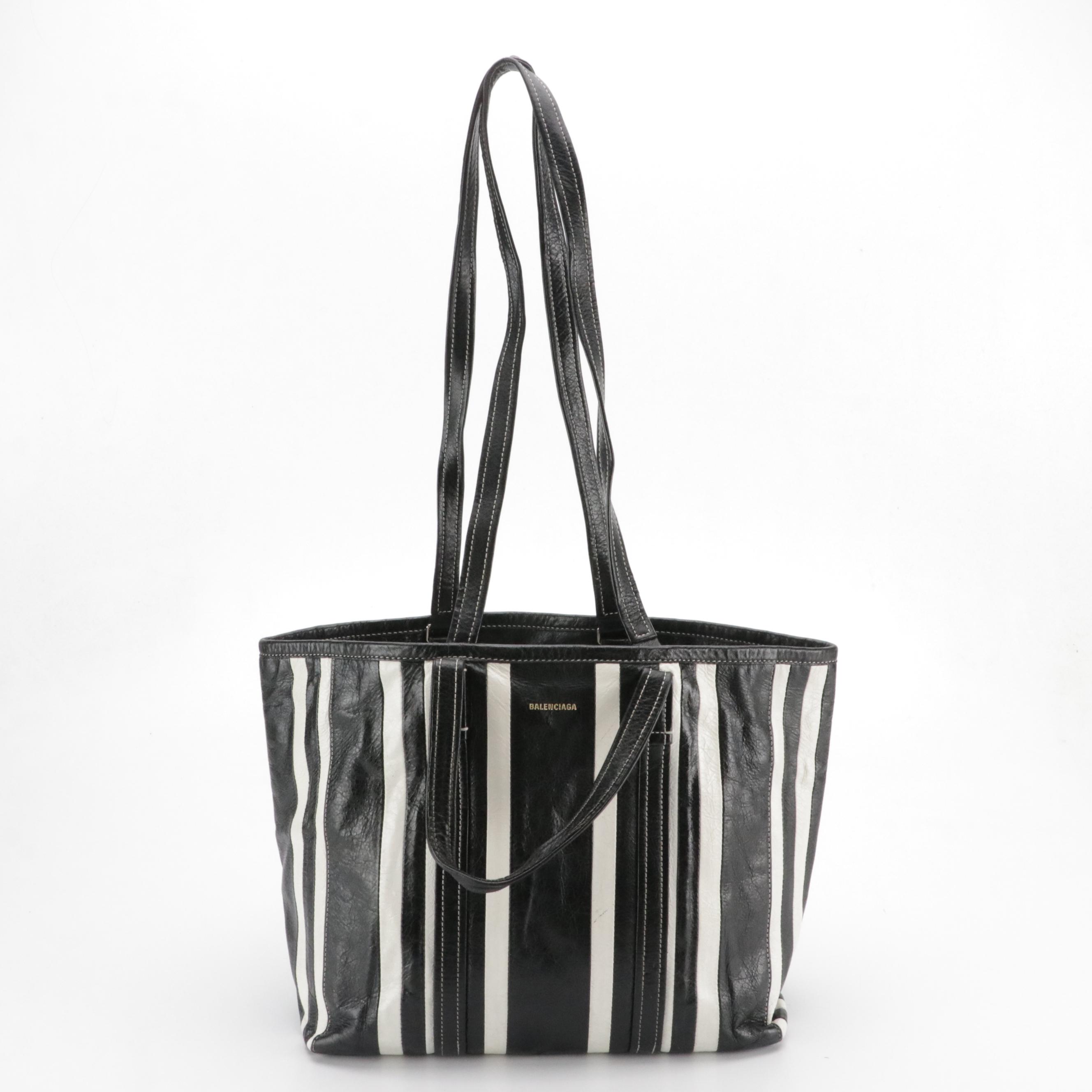 Balenciaga Black and White Striped Leather Barbes Two-Way Shopper Tote