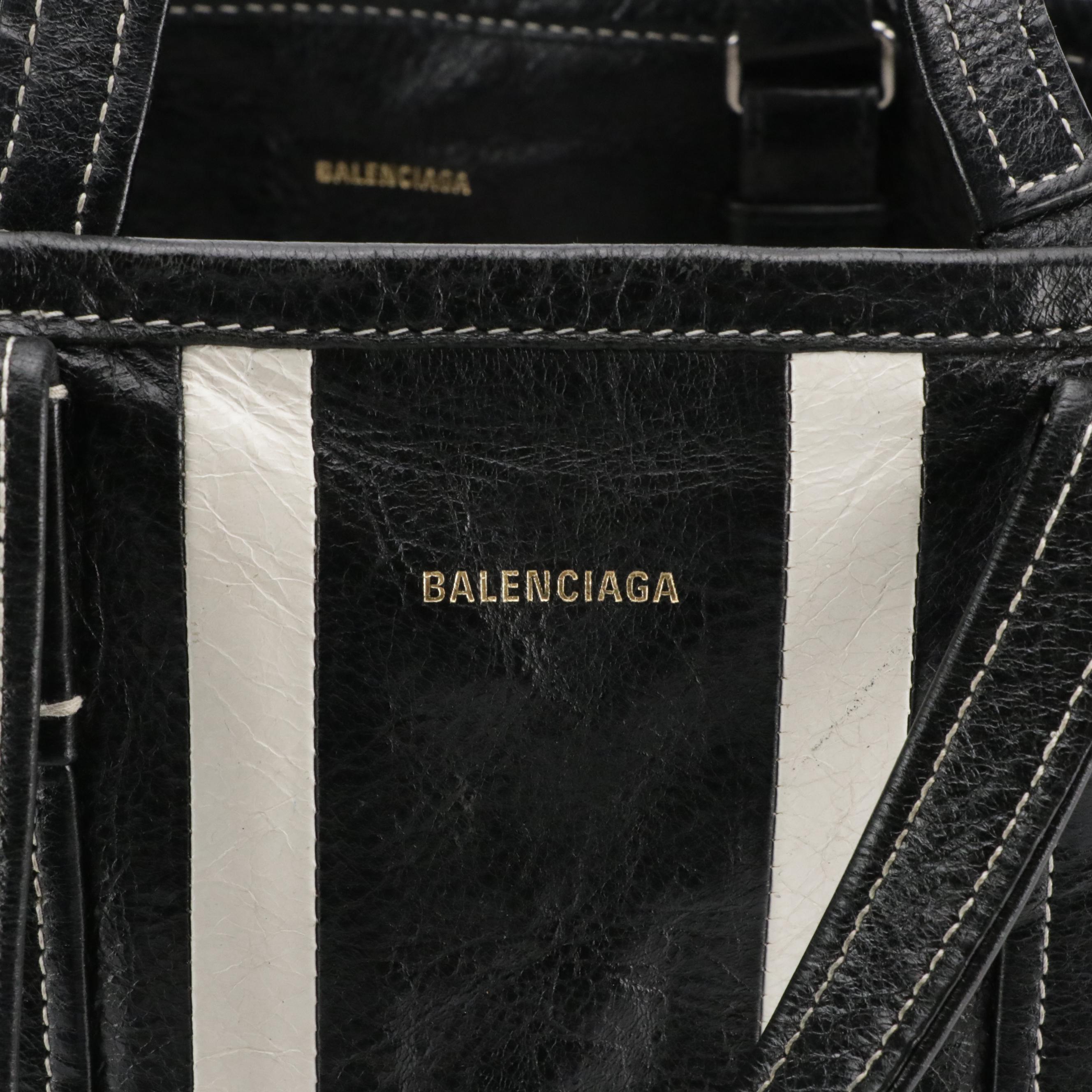 Balenciaga Black and White Striped Leather Barbes Two-Way Shopper Tote