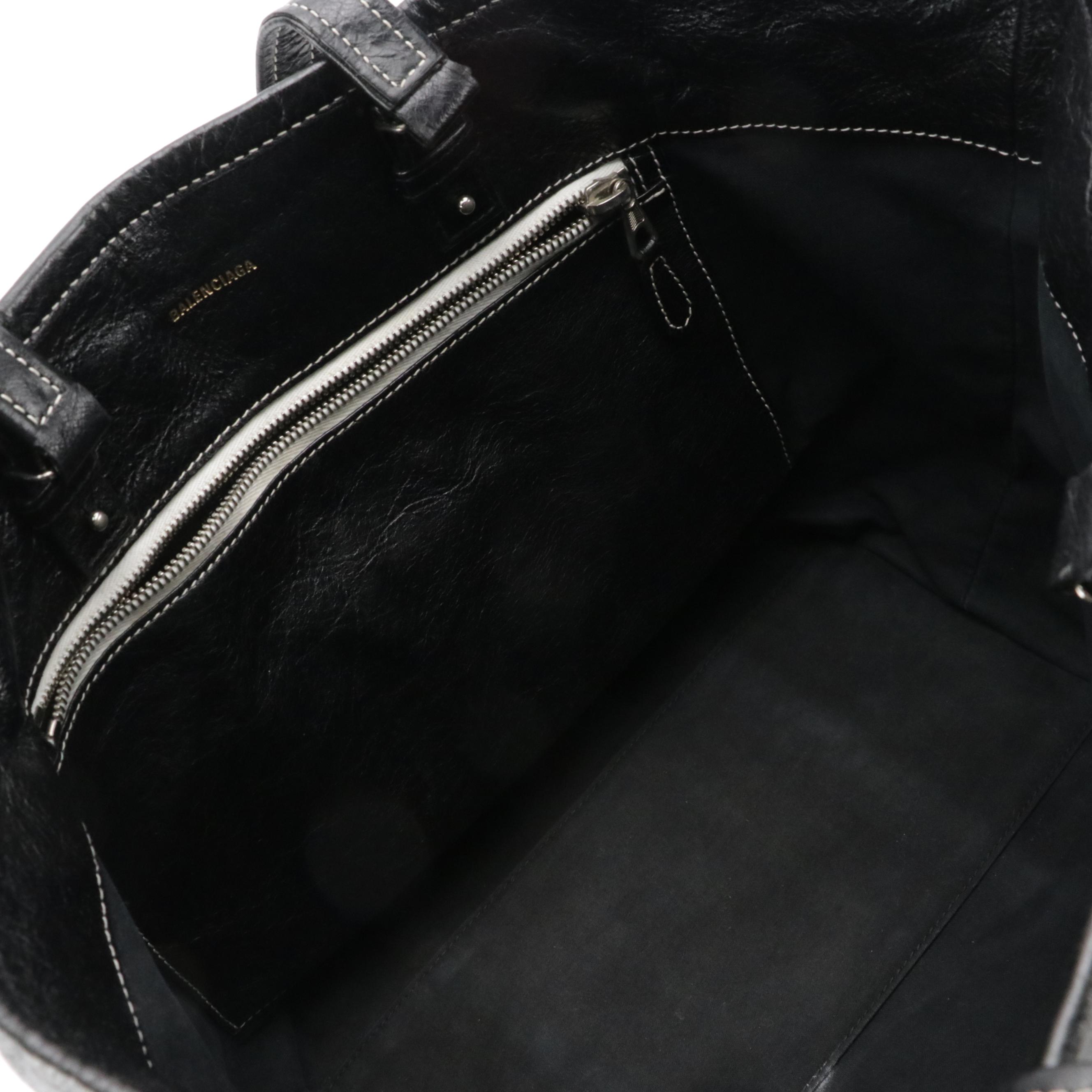 Balenciaga Black and White Striped Leather Barbes Two-Way Shopper Tote