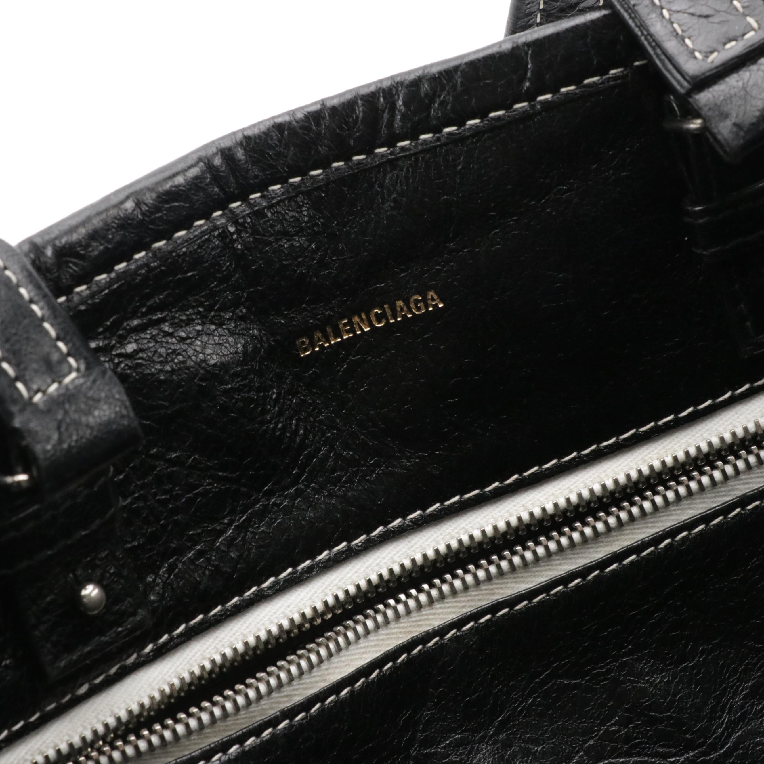 Balenciaga Black and White Striped Leather Barbes Two-Way Shopper Tote