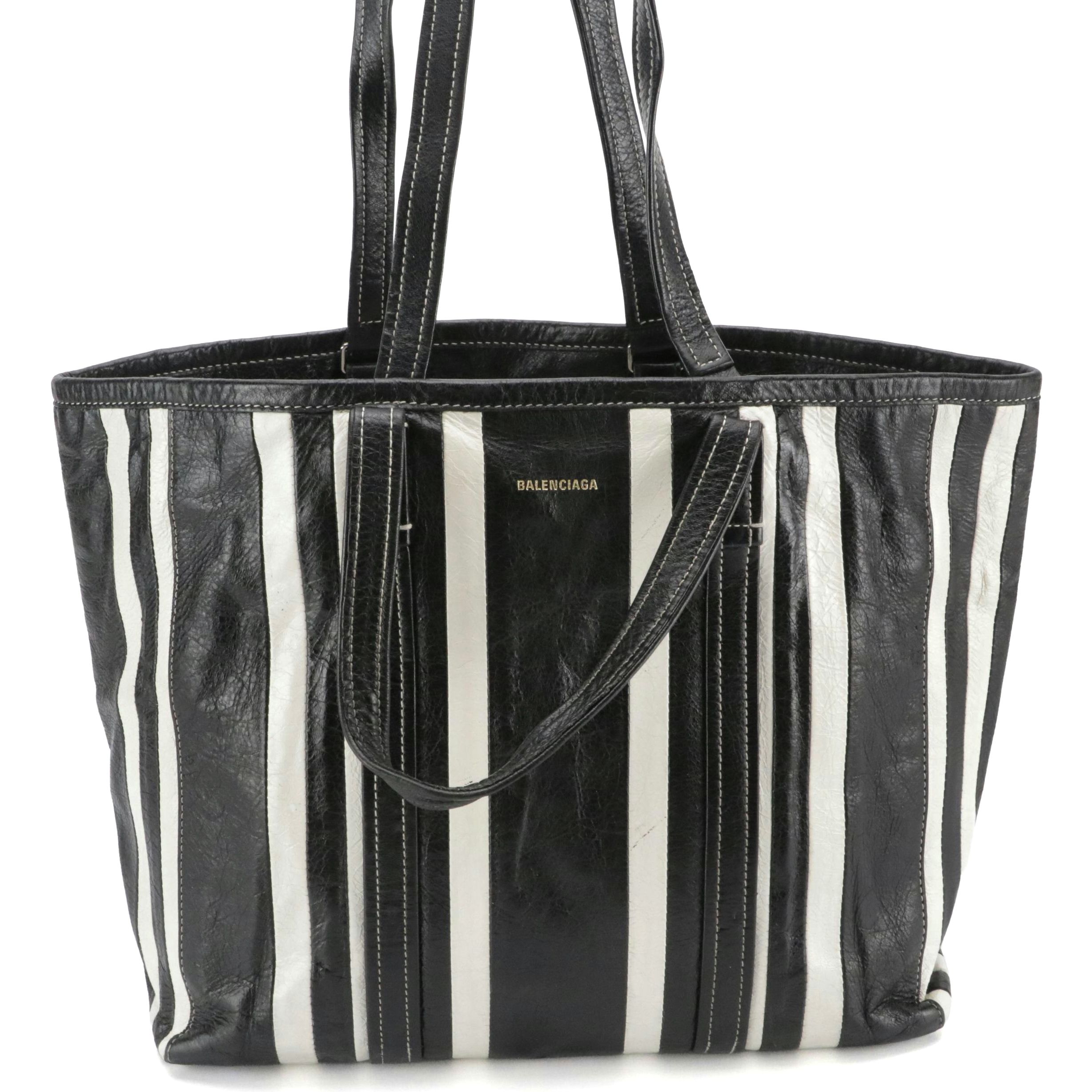 Balenciaga Black and White Striped Leather Barbes Two-Way Shopper Tote