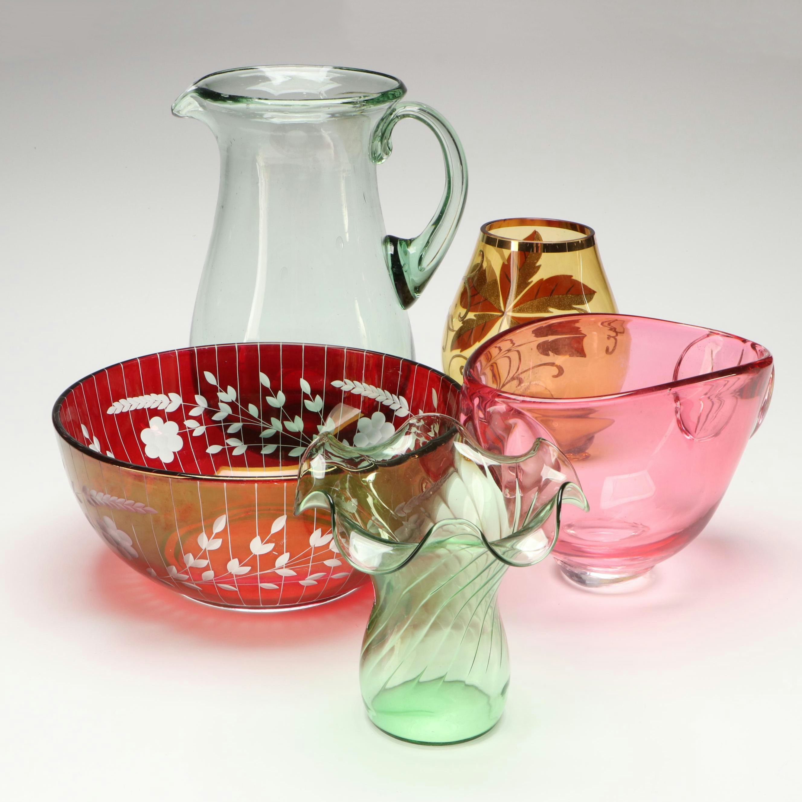 Bohemian Style Ruby Cut to Clear Bowl with Blown Glass Pitcher and Vases