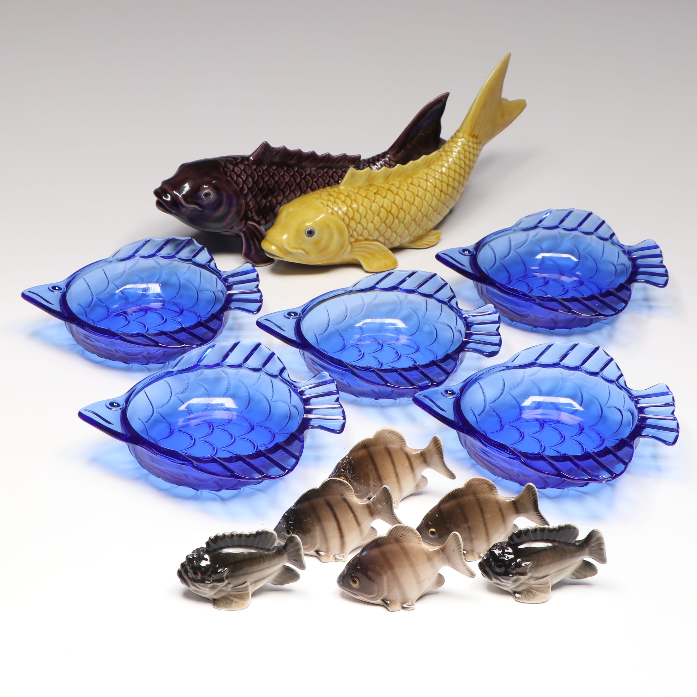 Japanese Kutani Ware Koi Fish with Shakers and Bowls