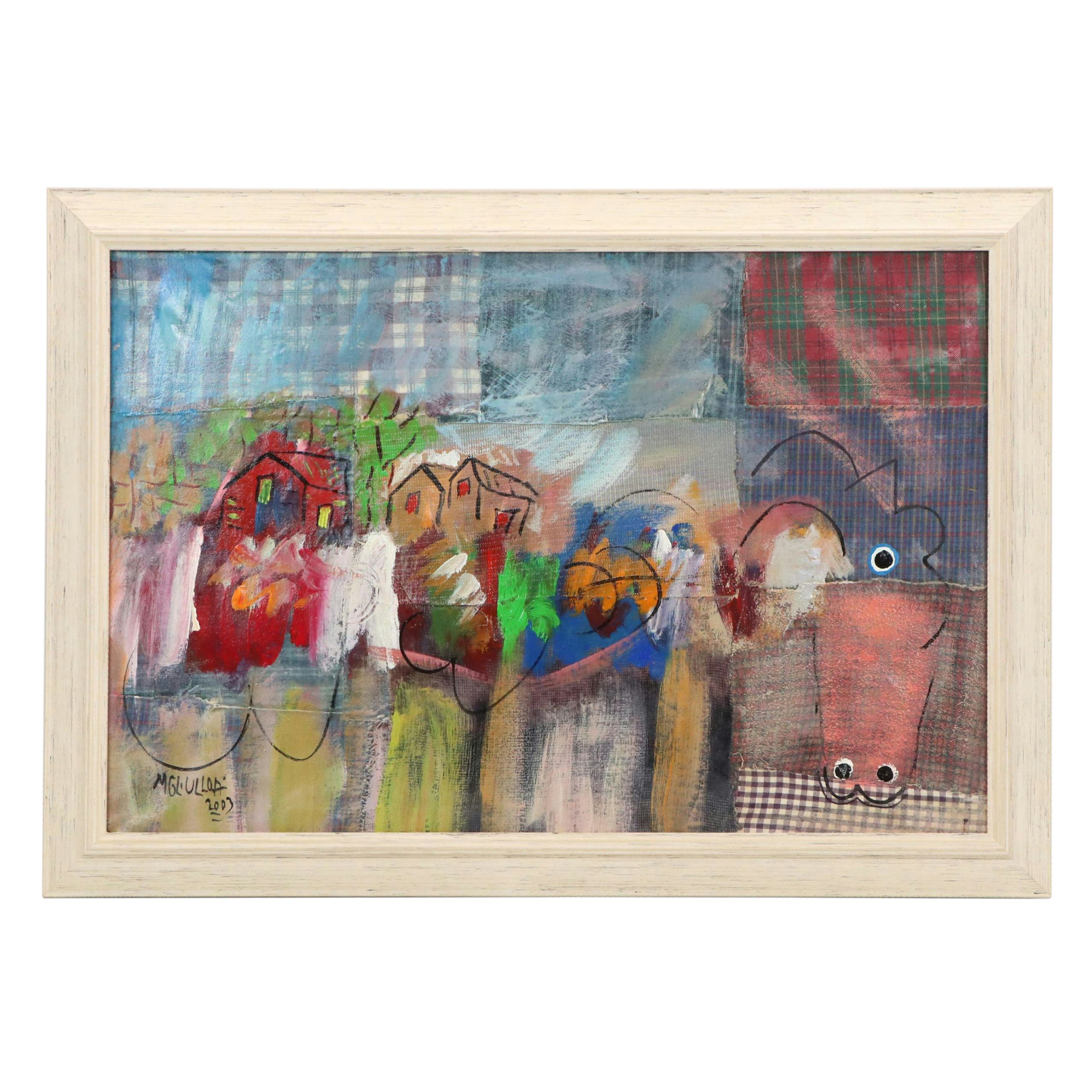 Miguel Ulloa Abstract Mixed Media Painting with Houses, 2003