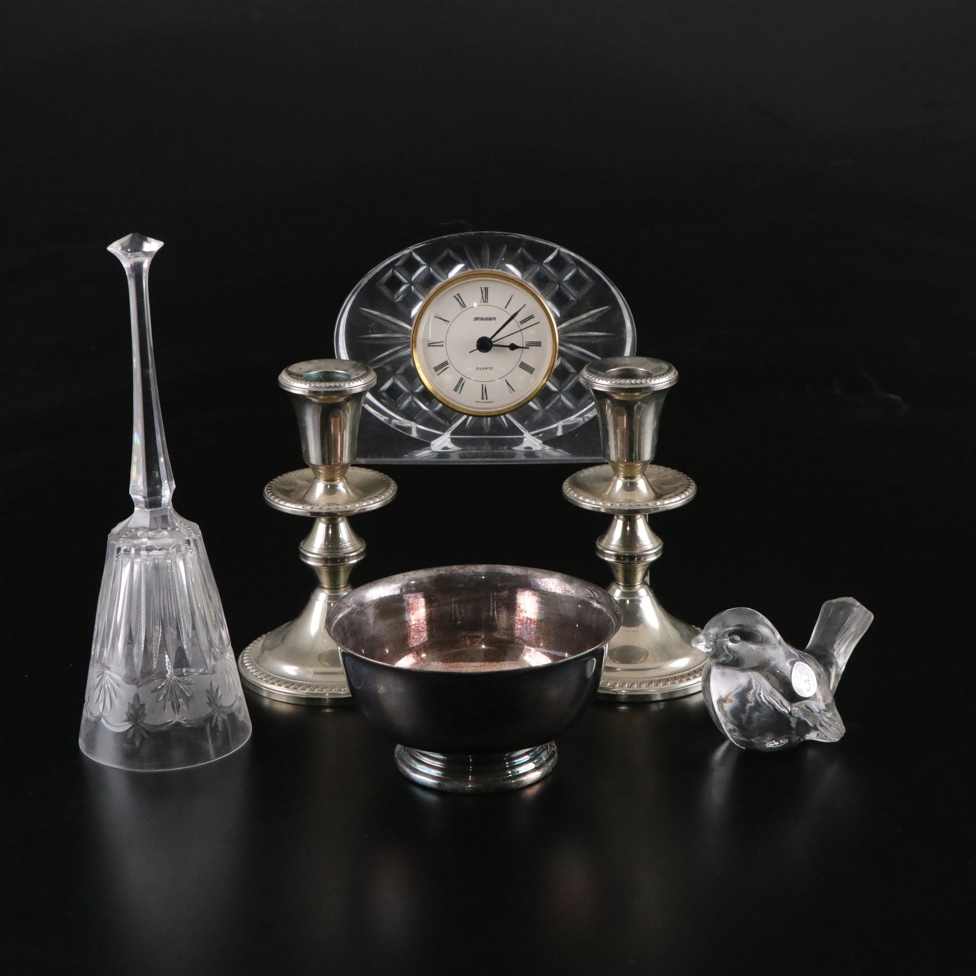 Silver Plate Bowl & Candle Holders with Crystal Bell & More