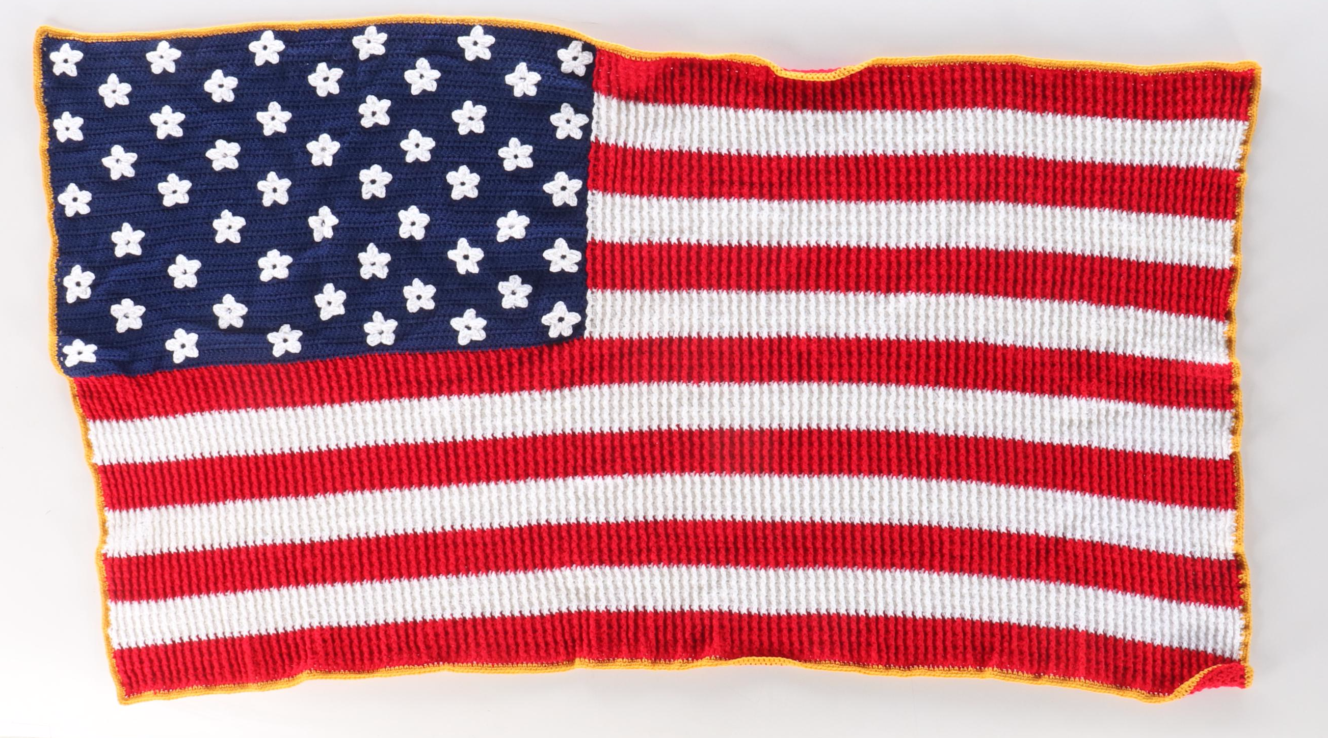 Handcrafted Crochet American Flag Throw Blanket with Stick Flags and Décor