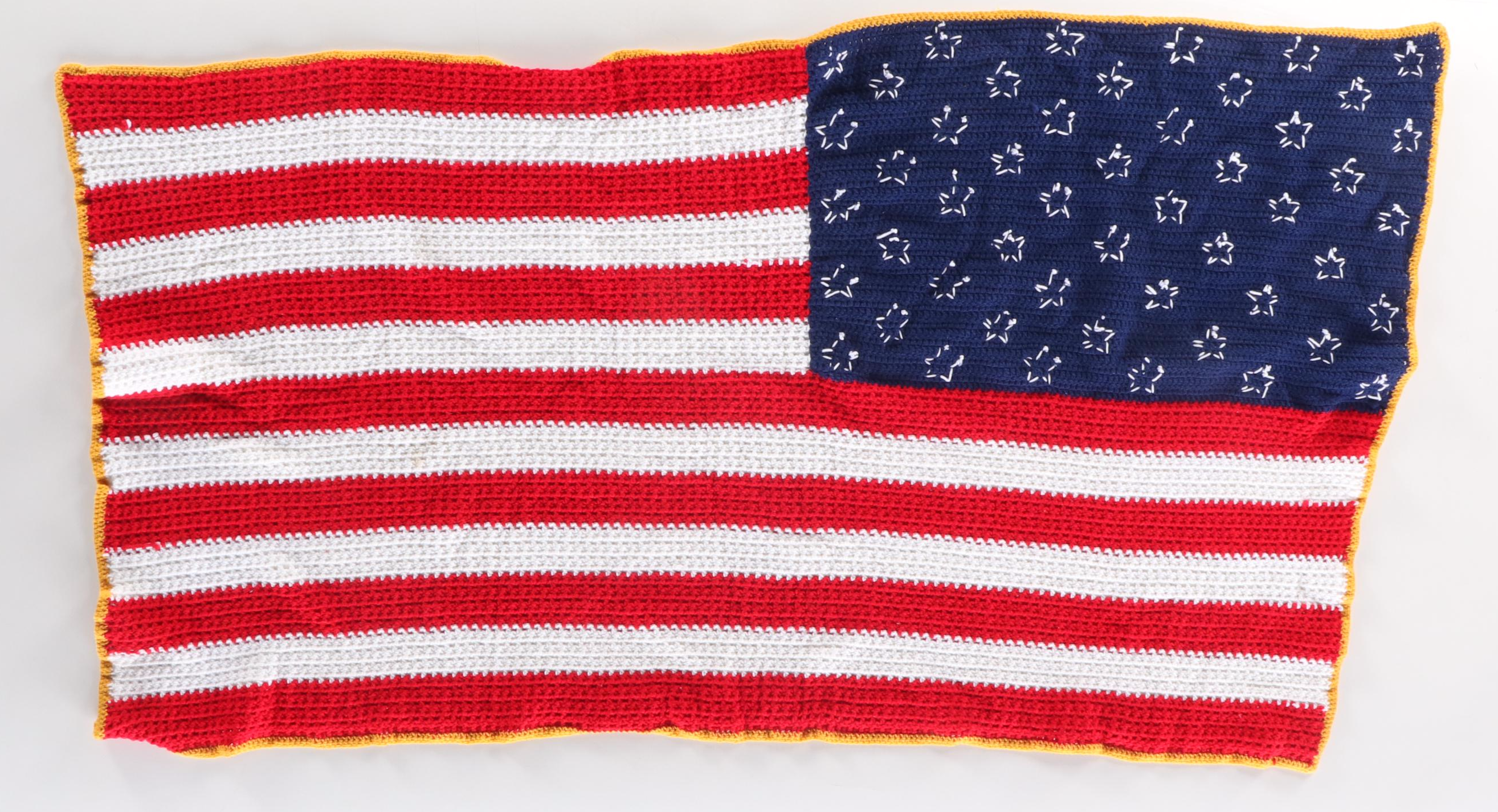 Handcrafted Crochet American Flag Throw Blanket with Stick Flags and Décor