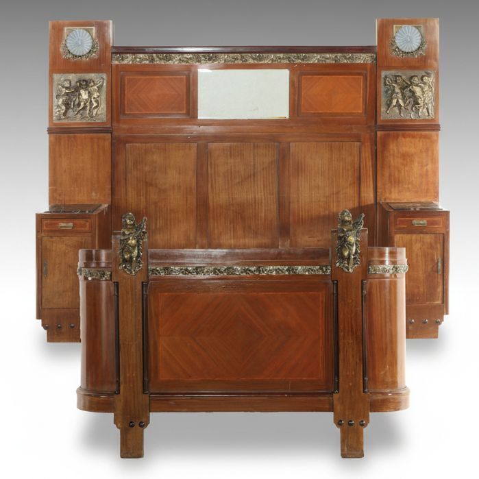 French Empire Style Ormolu-Mounted Mahogany Bedstead with Integrated Nightstands