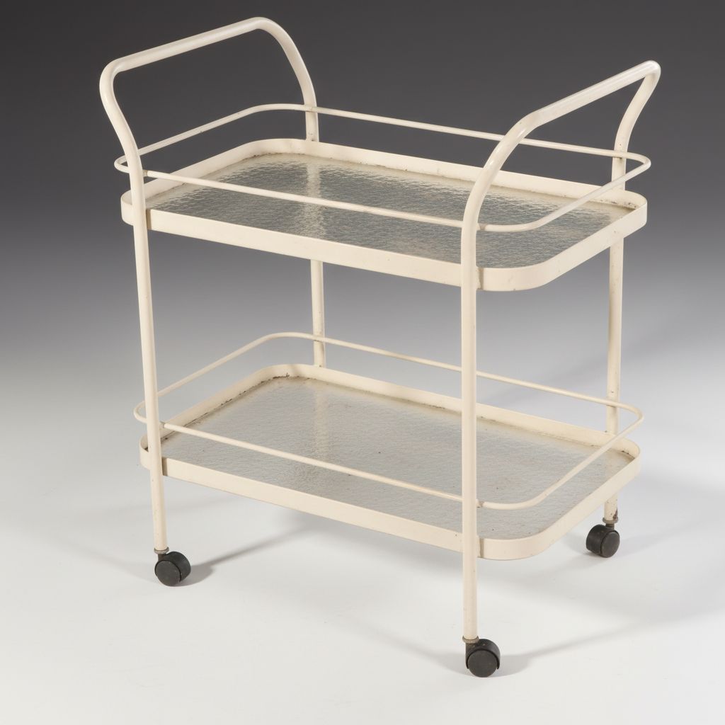 MCM Cream-Painted Trolley Bar Cart with Pebbled Glass Shelves