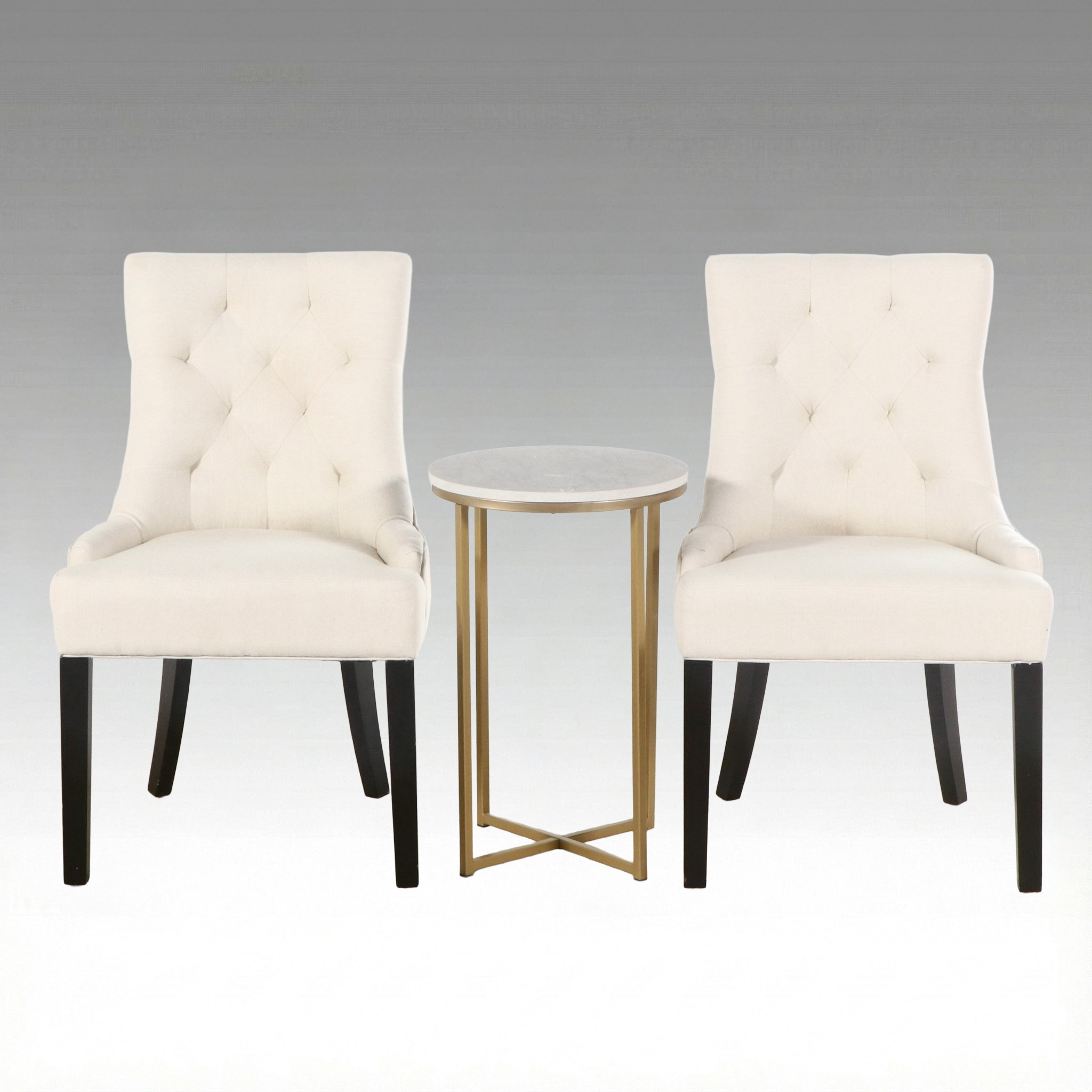 Contemporary Hollywood Regency Style Upholstered Side Chairs and Side Table