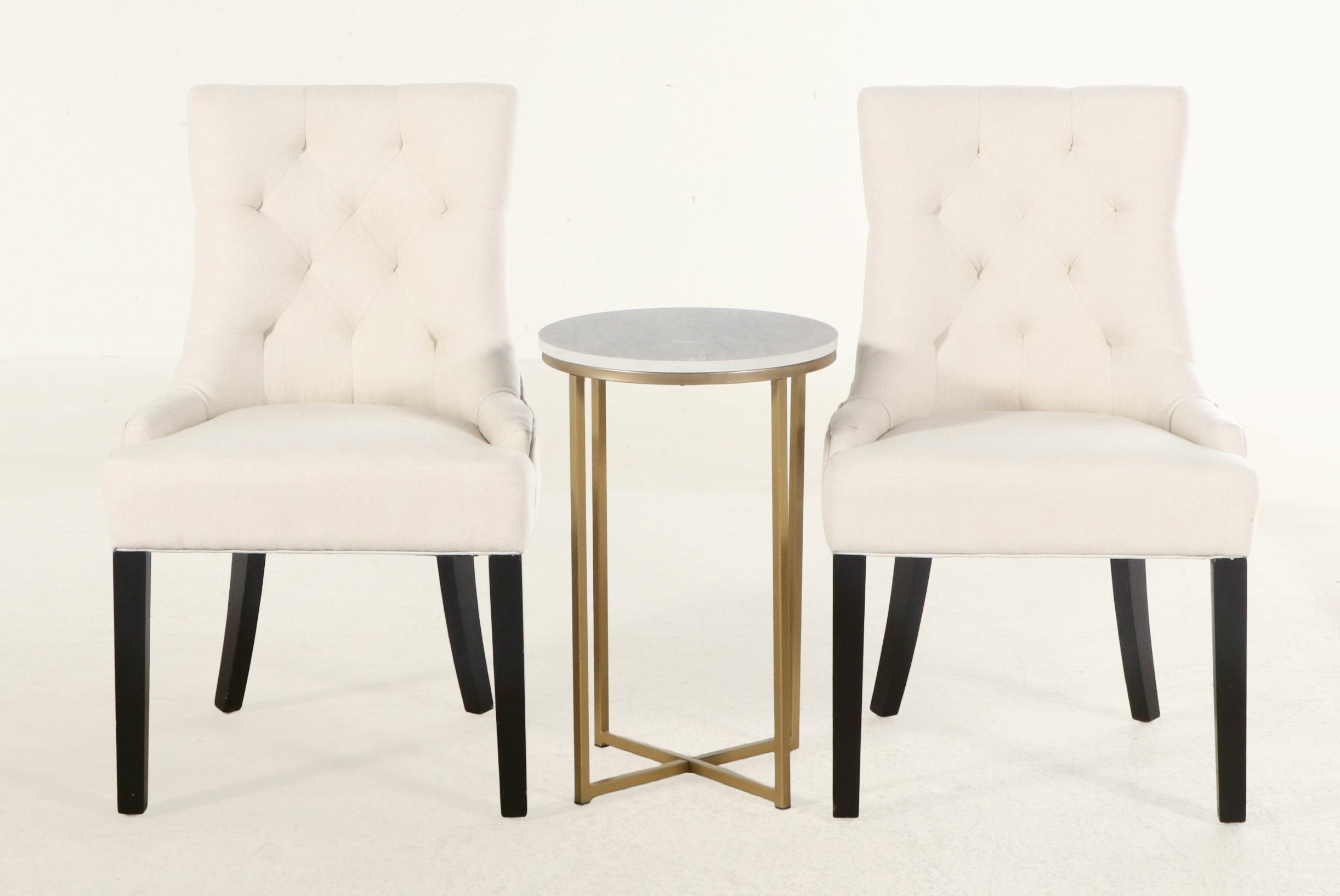 Contemporary Hollywood Regency Style Upholstered Side Chairs and Side Table