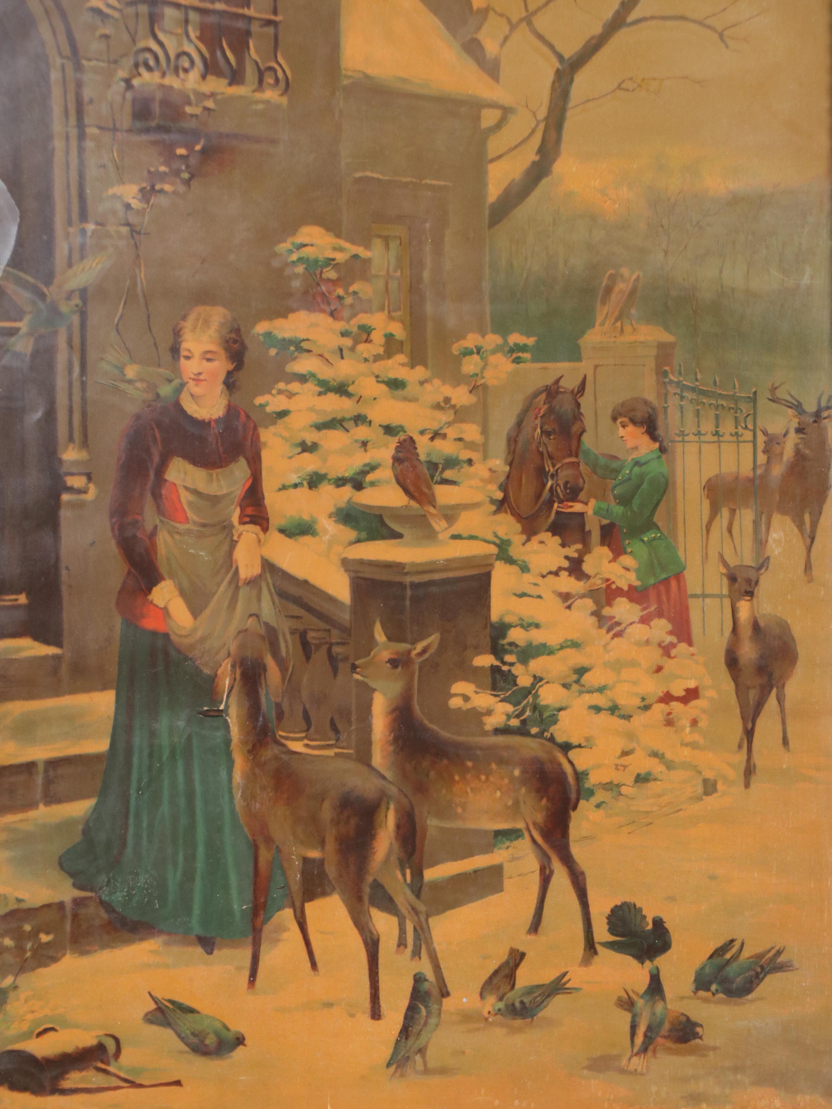 Chromolithograph of Snowy Scene with Wildlife, Late 19th to Early 20th Century