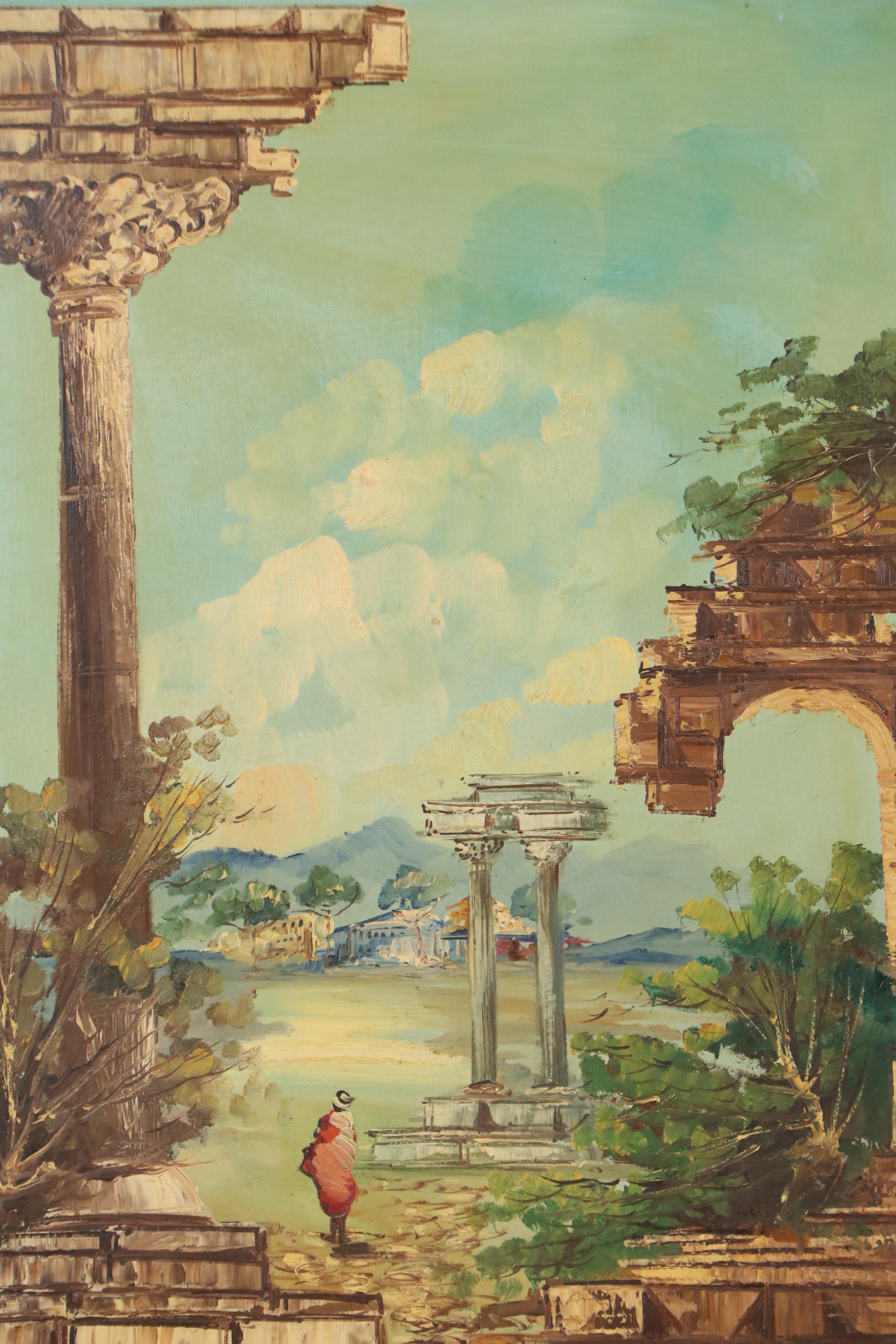 Oil Painting of Figure Among Classical Ruins, Early to Mid-20th Century