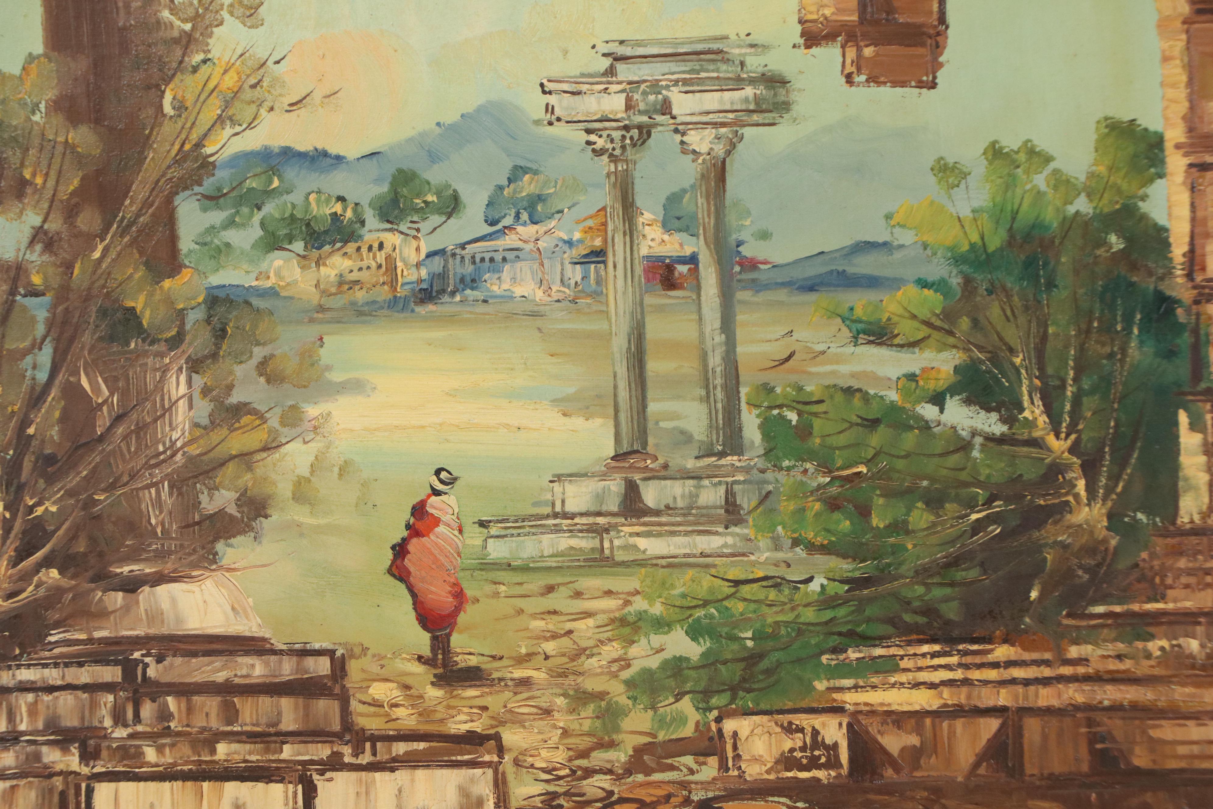 Oil Painting of Figure Among Classical Ruins, Early to Mid-20th Century