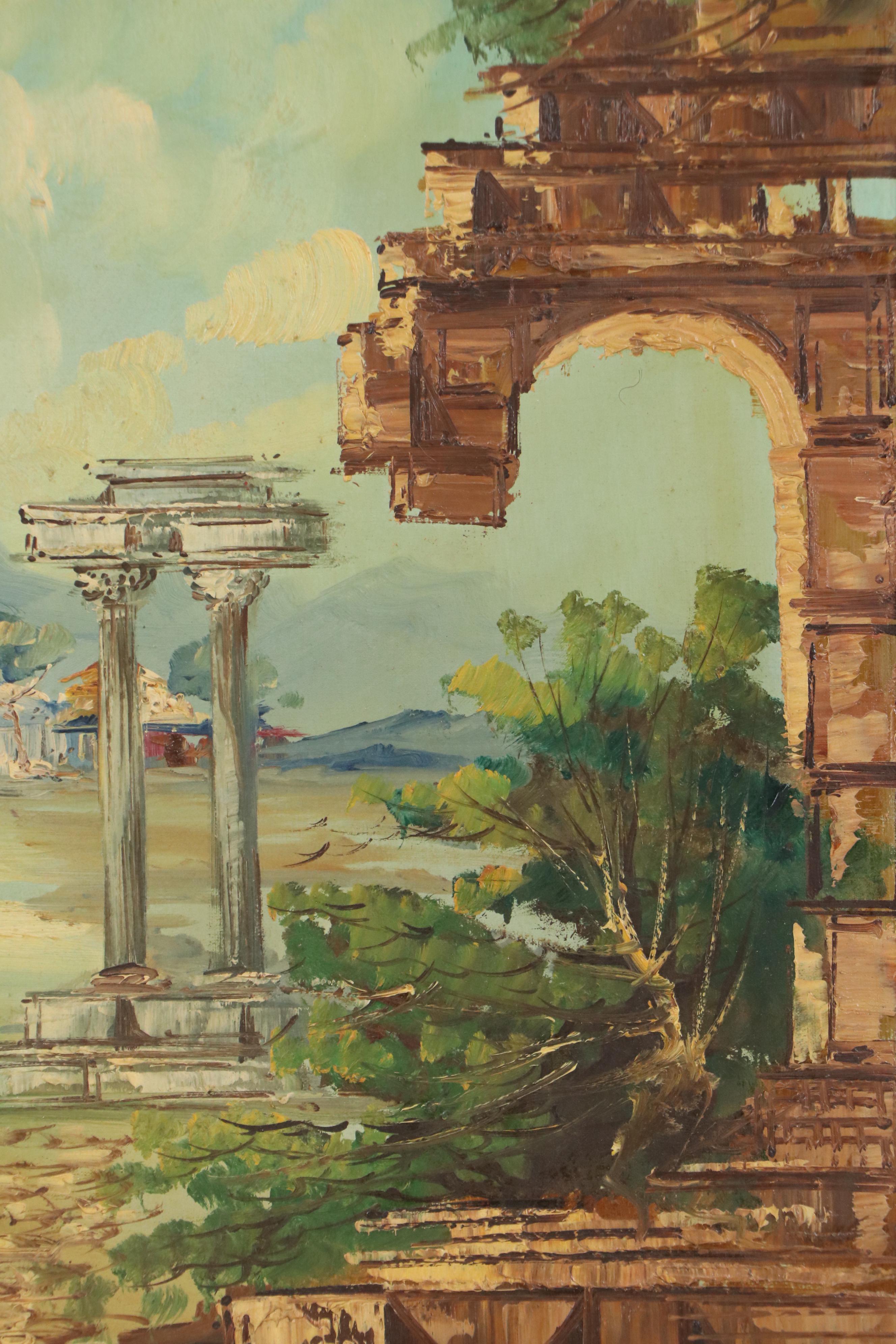 Oil Painting of Figure Among Classical Ruins, Early to Mid-20th Century