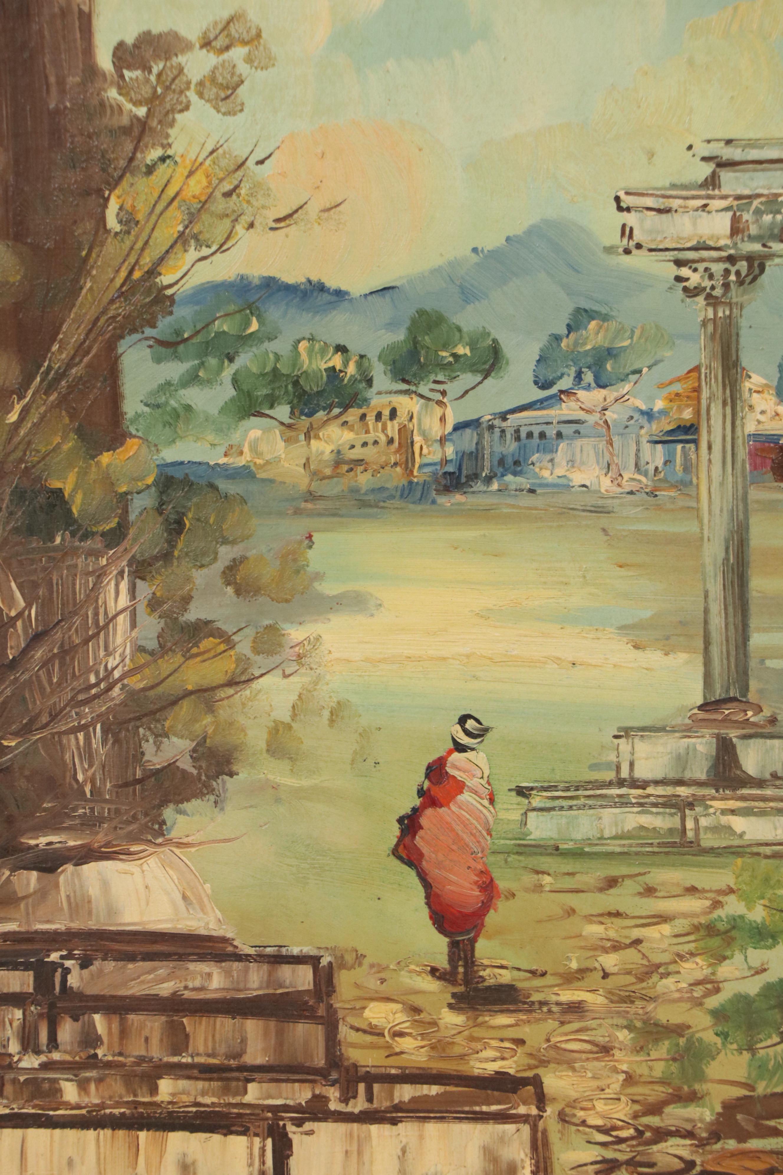 Oil Painting of Figure Among Classical Ruins, Early to Mid-20th Century