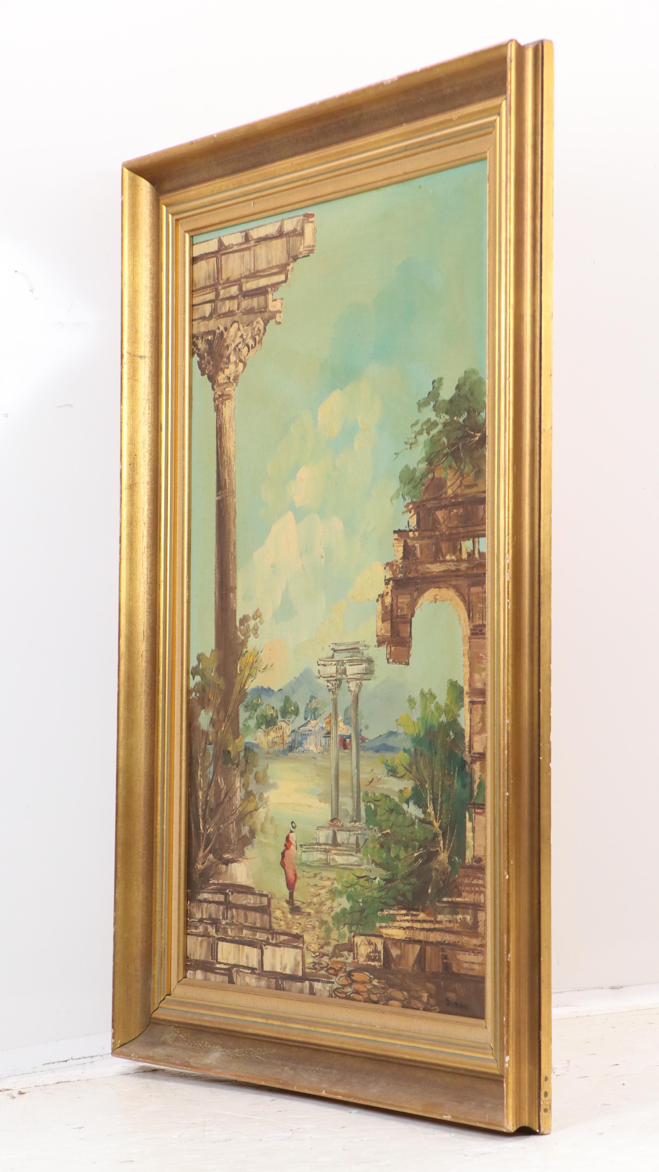 Oil Painting of Figure Among Classical Ruins, Early to Mid-20th Century