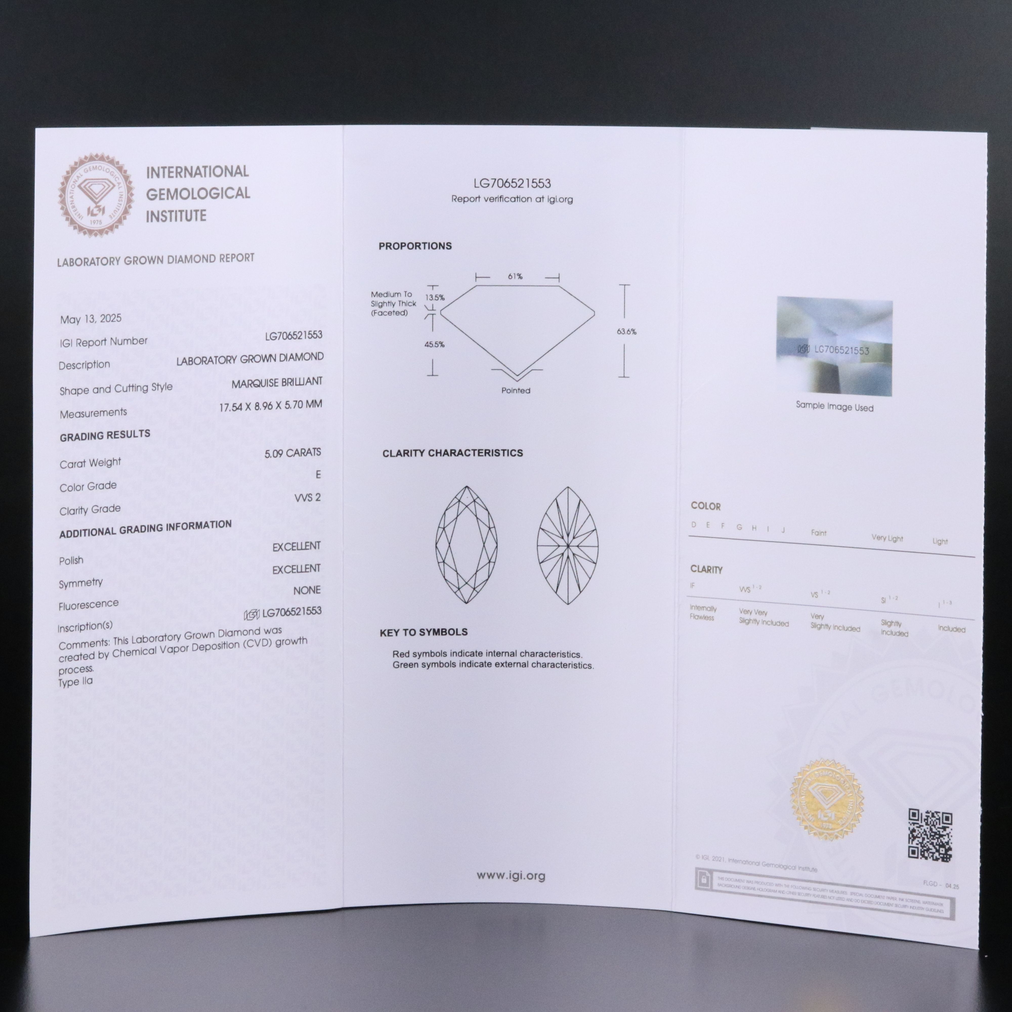 Loose 5.09 CT Lab Grown Diamond with IGI Report