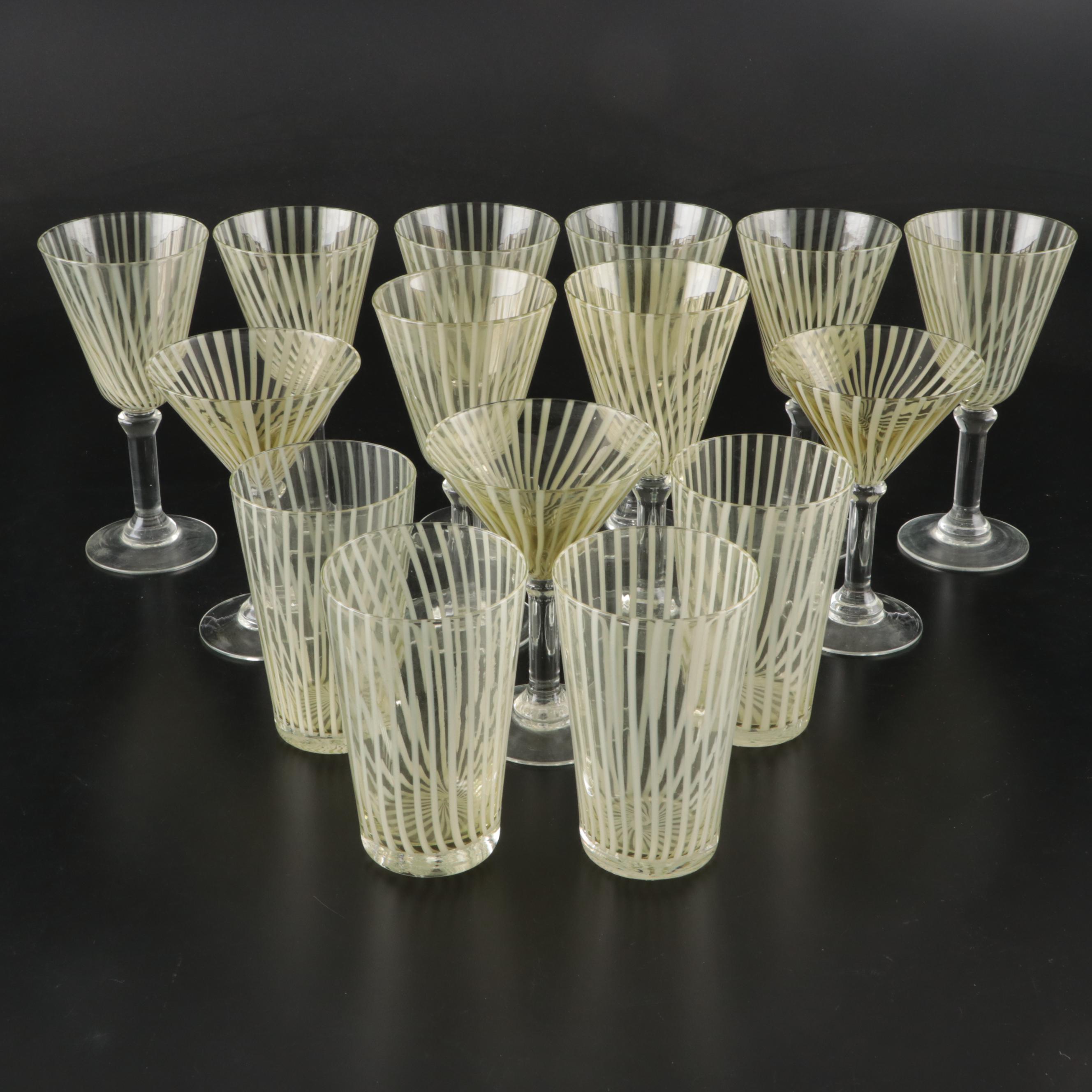 Vintage Green and Clear Vertically Striped Glass Stemware and Tumblers