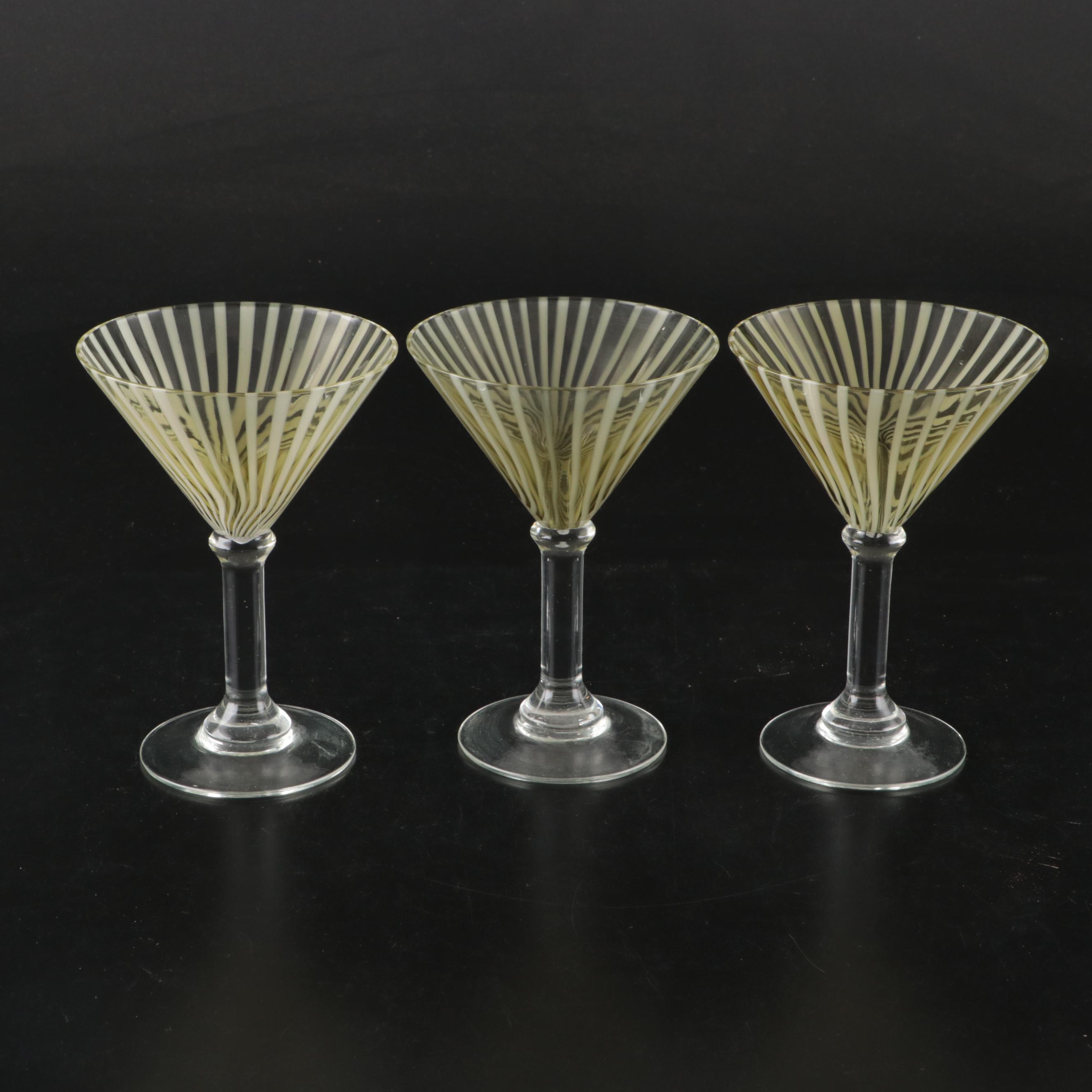 Vintage Green and Clear Vertically Striped Glass Stemware and Tumblers