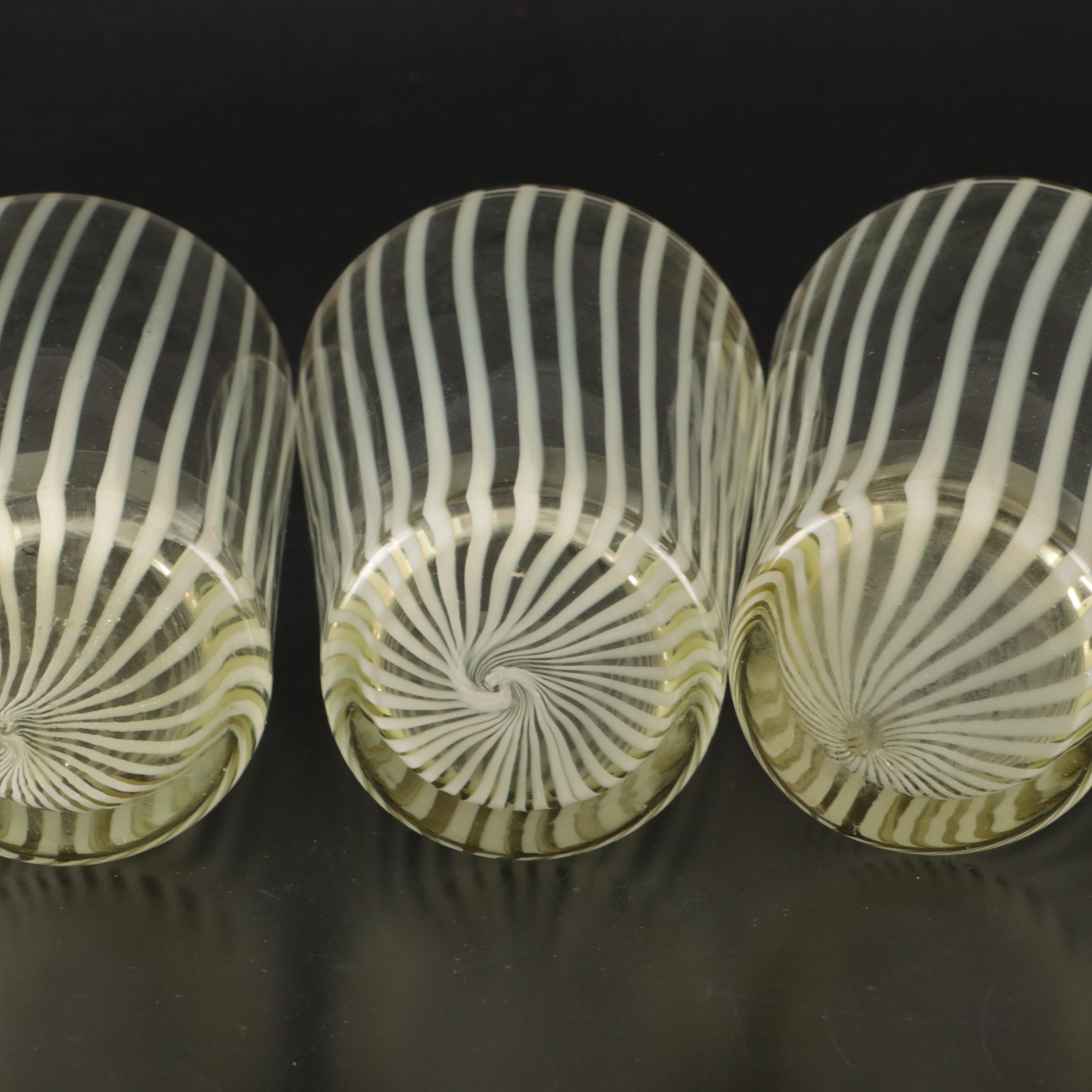 Vintage Green and Clear Vertically Striped Glass Stemware and Tumblers